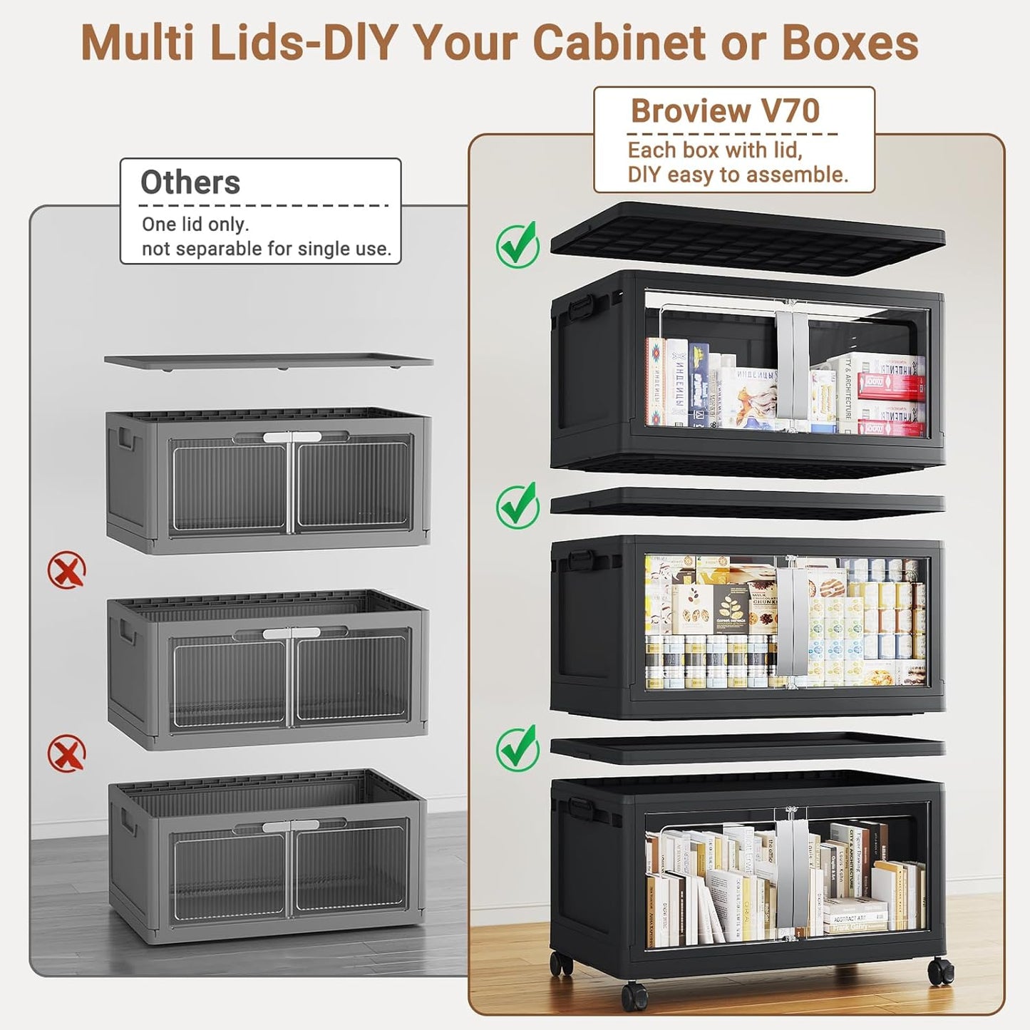 BROVIEW 640QT Stackable Storage Bins with Lids, 160Gal Extra Large Collapsible Storage Box with Wheel, Plastic Storages with Clear Door Open Front for Home Kitchen Garage, Black-4pack