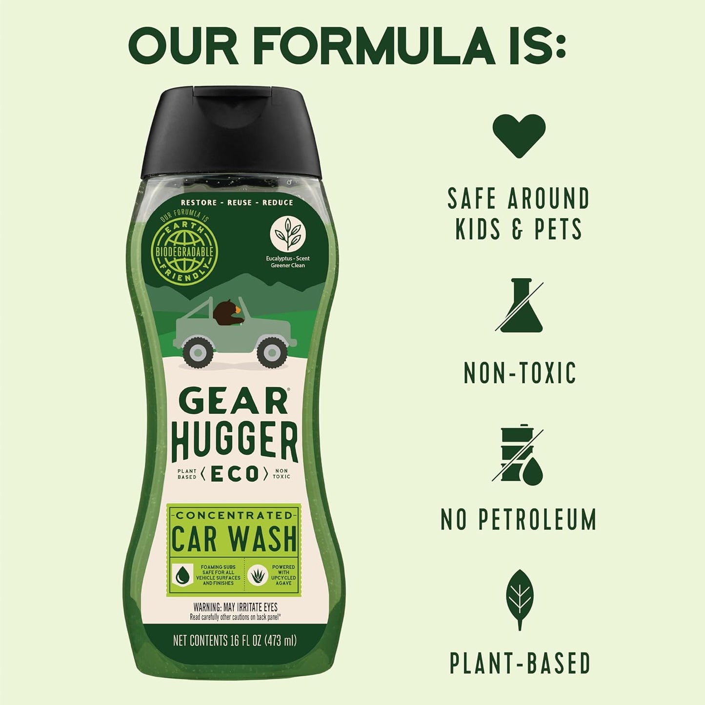 Gear Hugger Car Wash Soap (16 oz, Pack of 2) – Eco-Friendly Car Cleaner, Biodegradable Car Wash with Natural Saponins & Eucalyptus – Safe Car Soap for All Vehicle Surfaces