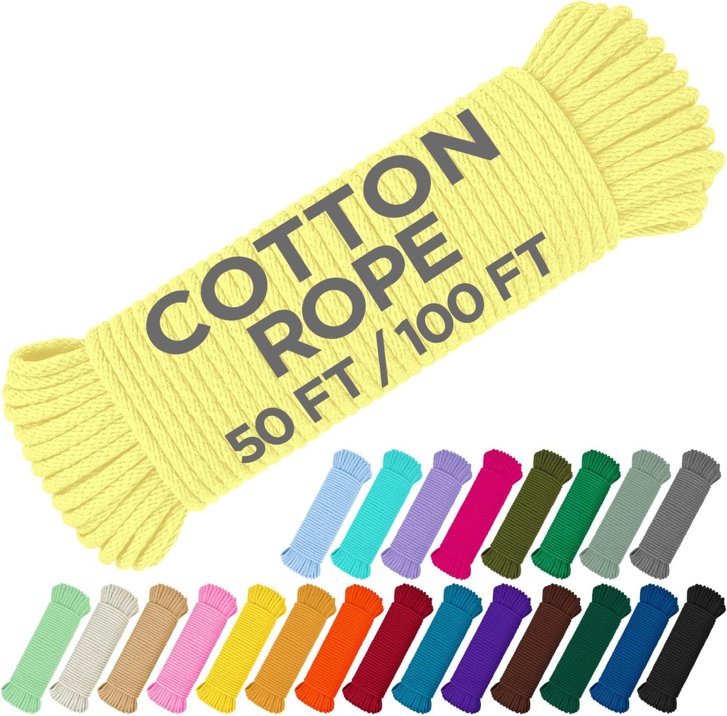TECEUM Cotton Rope 3/16” (5 mm) – 100 FT – Strong All-Purpose Braided Rope – Natural Cotton – for Crafting, Сamping, Clothes Line, DIY, Indoor & Outdoor Use – Pastel Yellow