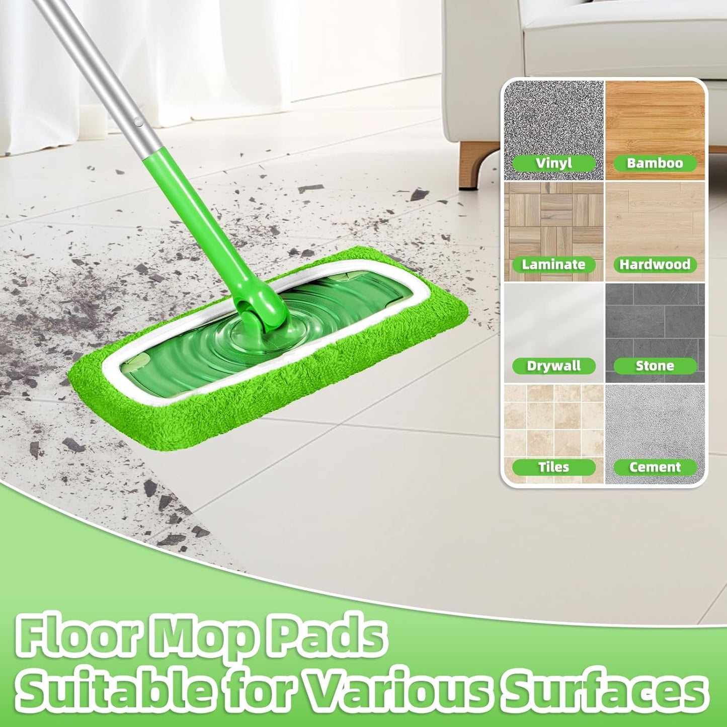 Reusable Dry Sweeping Cloths Microfiber Wet Pads Refill Compatible with Swiffer Sweeper Mop, Machine Washable Sweeping Mop Pads for Use on All Sealed Floors - Stone, Hardwood, Laminate & Tile (Green)