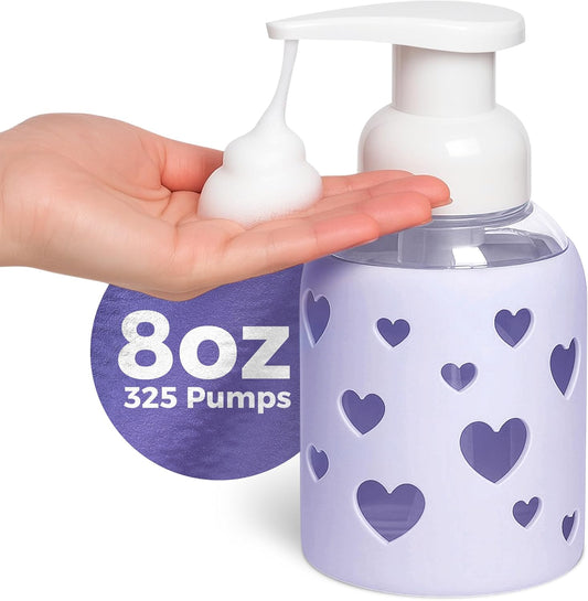 SoCal Suds & Company Glass Foaming Hand Soap Dispenser, Heart Silicone Sleeve, Refillable Pump Bottle for Kids, Baby Wash & Shampoo, Ideal for Home Use, Soft Purple 8oz