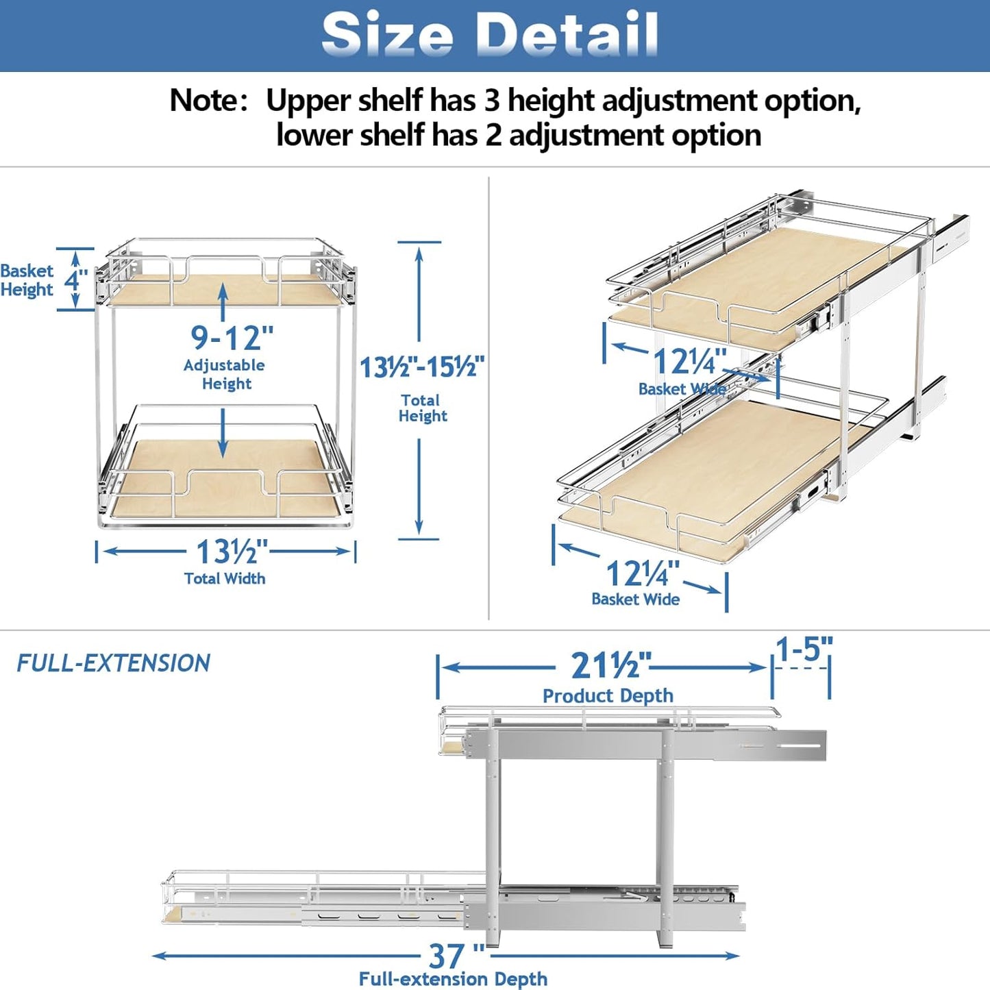 ROOMTEC 2 Tier Individual Pull Out Cabinet Organizer 13½"W x 21½"D, Slide Out Wood Shelves Organizers, Pull Out Drawers Organization and Storage for Kitchen Cabinet