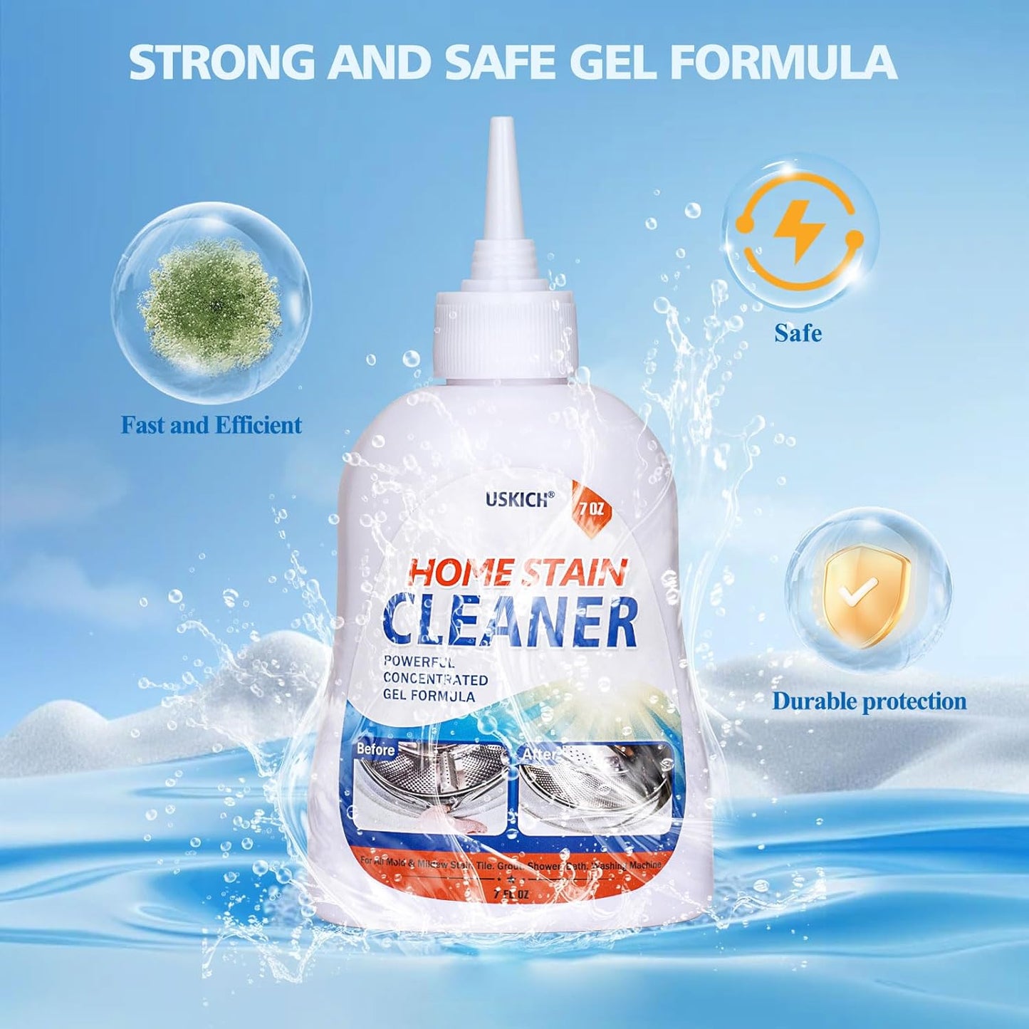 USKICH Home Remover Gel, 7 Fl Oz Household Washing Machine Cleaner, Effective Stain Remover Gel for Washing Machine,Cleaner for Bathroom Grout,Refrigerator Strips,Kitchen Sinks, Shower,Caulk-2 Packs