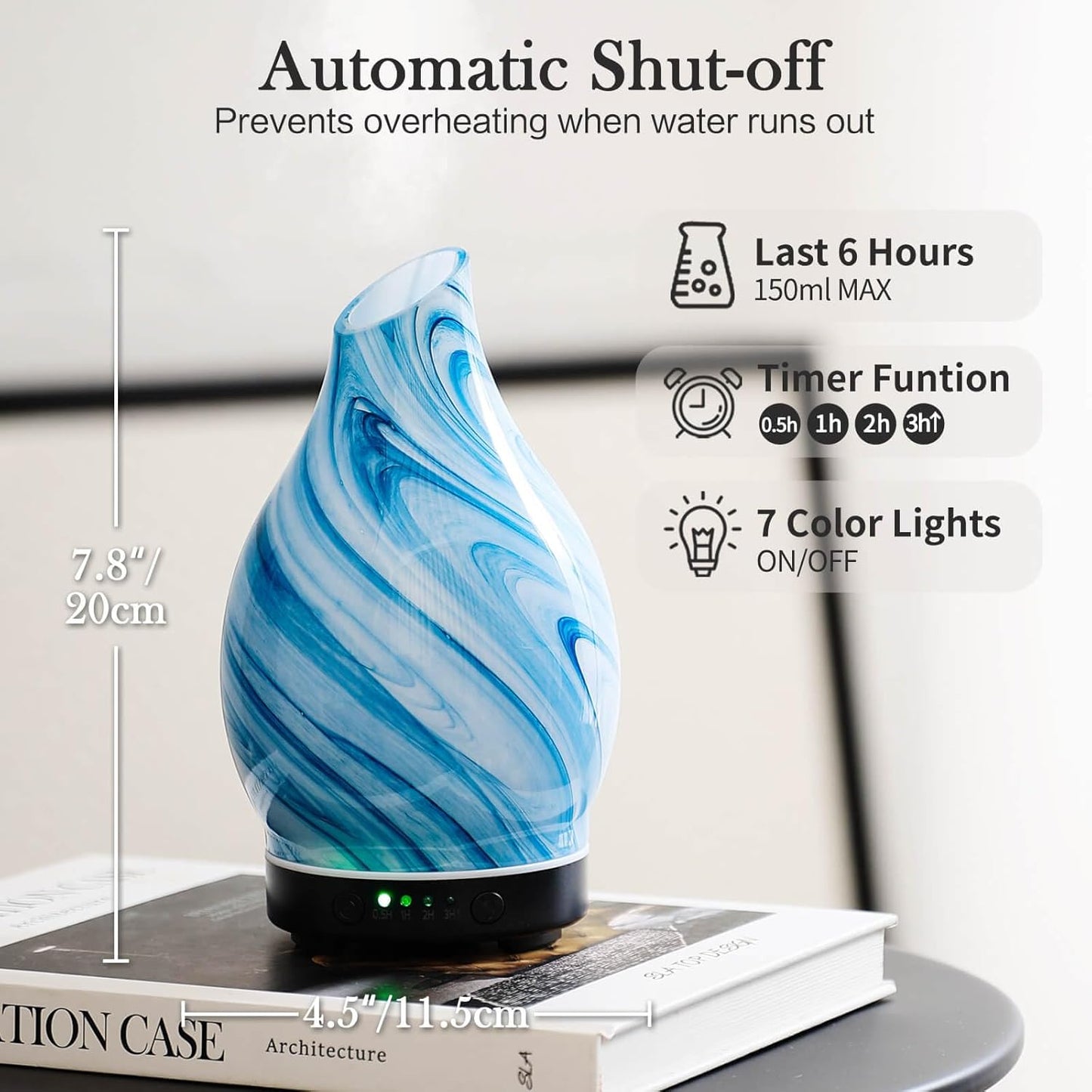 Porseme 150ml Essential Oil Diffuser Glass Color Changing Aroma Air Diffusers Aromatherapy Ultrasonic Cool Mist Humidifier 6 Running Hours Waterless Auto-Off for Sleeping Yoga Office (Mini Blue Ink)