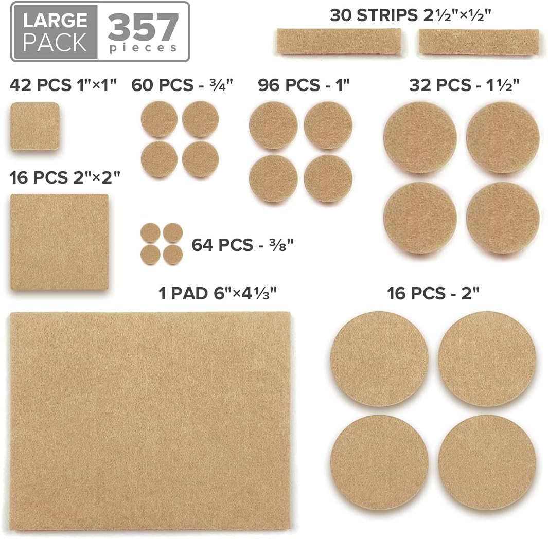 X-Protector 357 pcs Beige Felt Furniture Pads - Huge Quantity of Hardwood Floor Protectors with Many Big Sizes - Protect Any Type of Hard Floor