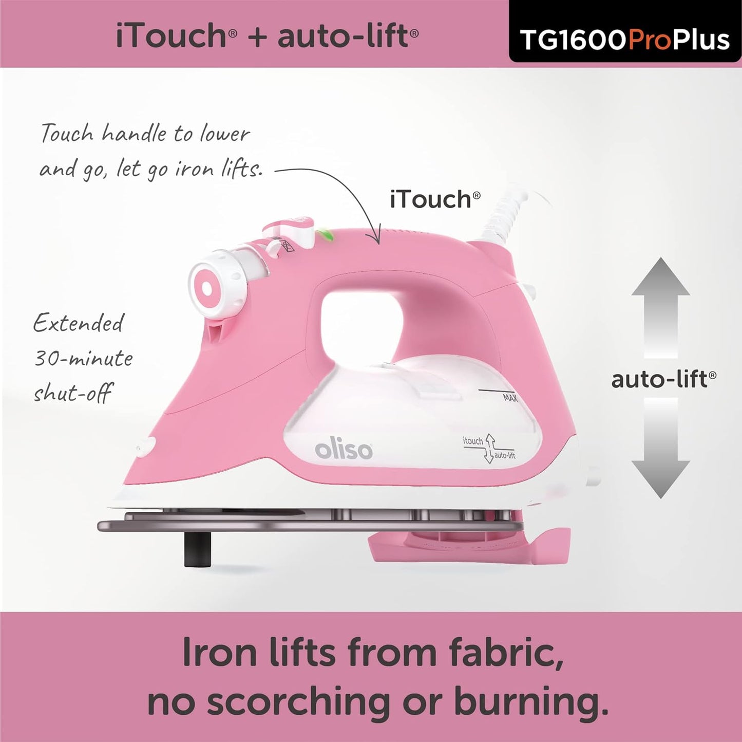 oliso TG1600 ProPlus Smart Iron with Auto-Lift – 1800 Watt Steam Iron for Clothes, Sewing, Quilting & Crafting – Diamond Ceramic-Flow Soleplate, Rosé