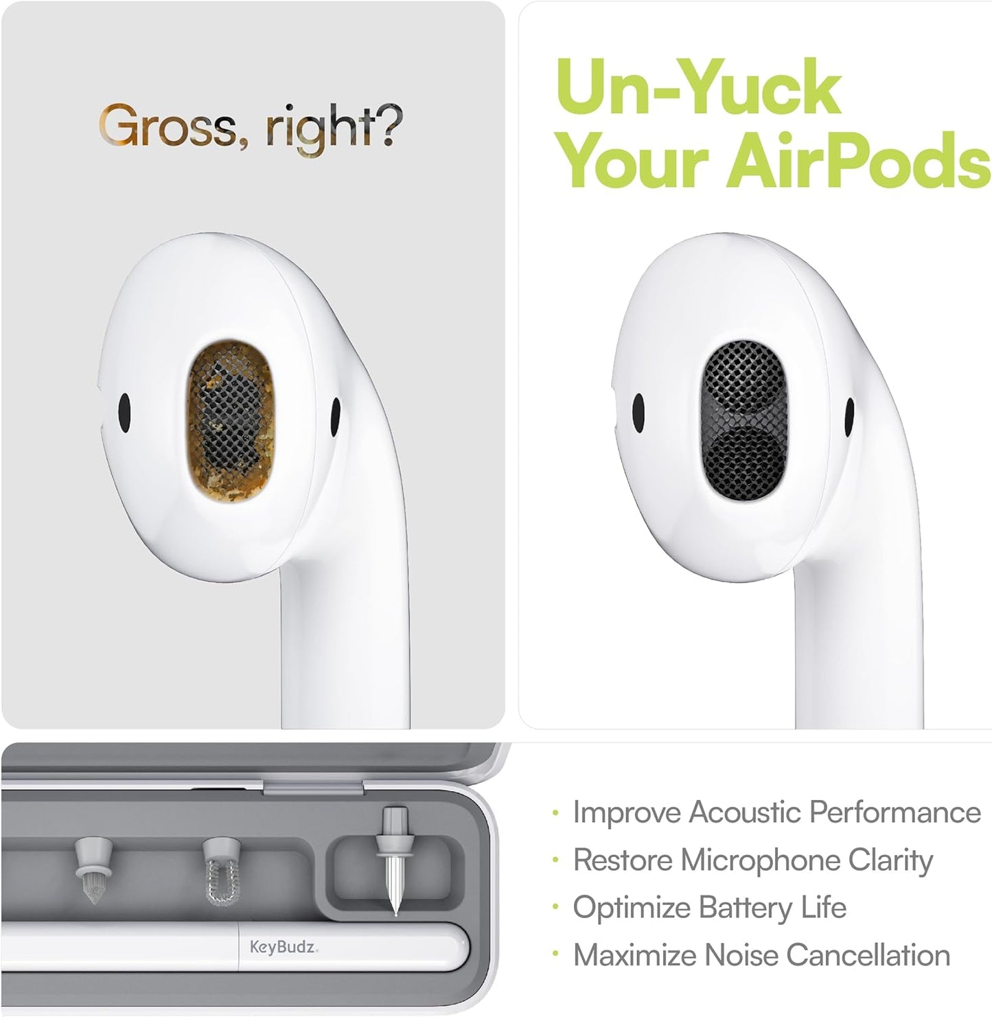 KeyBudz Air Care 2.0 AirPods Cleaning Kit - Patented Multi-Tool Cleaner with Interchangeable Brush Tips for AirPods, iPhone and Apple Devices with Sticky Squares Putty, Hard Case and Travel Pouch