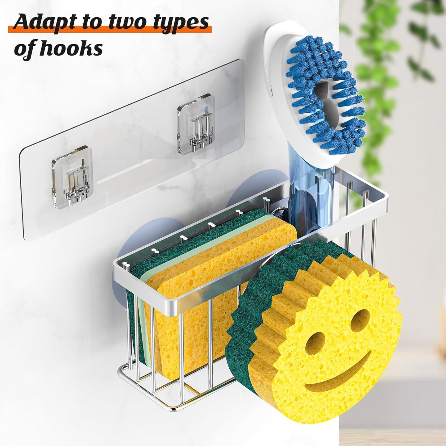 Sponge Holder Smiley Face,Sink Caddy for Kitchen Sink,Sponge Holder with 2 PCS Suction Cups/1 PCS Adhesive Strips,Designed for Sponge,Soap,Dish Brush,Scrubber-Silver