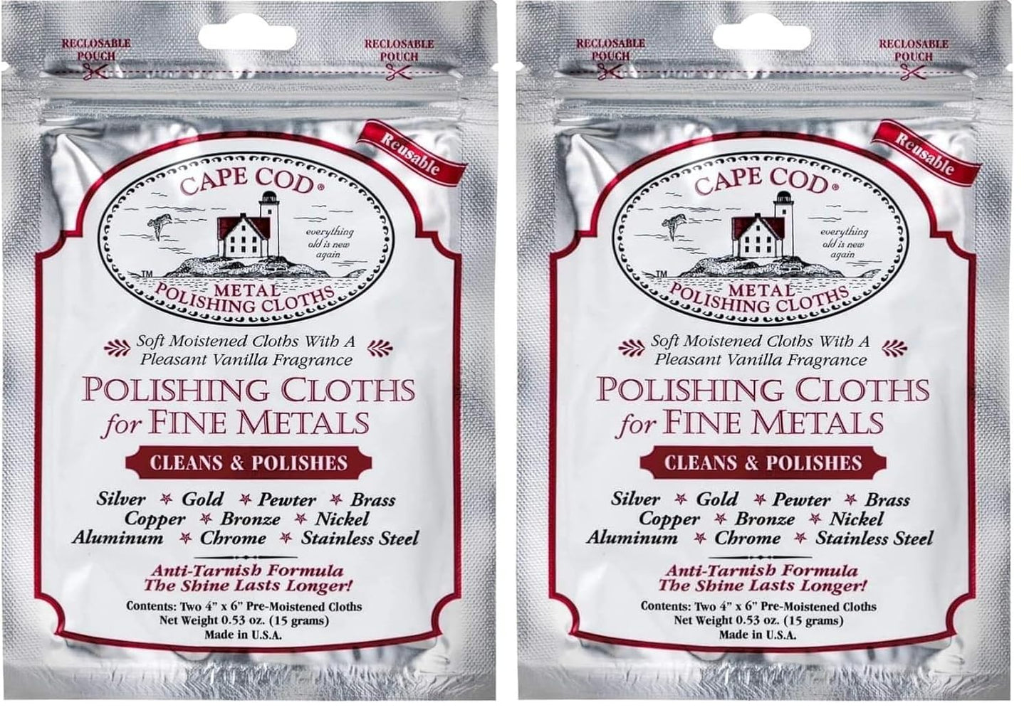Cape Cod Polish Co Metal Polishing Cloths Foil Pouch 0.53oz, Stainless Steel (Pack of 2)