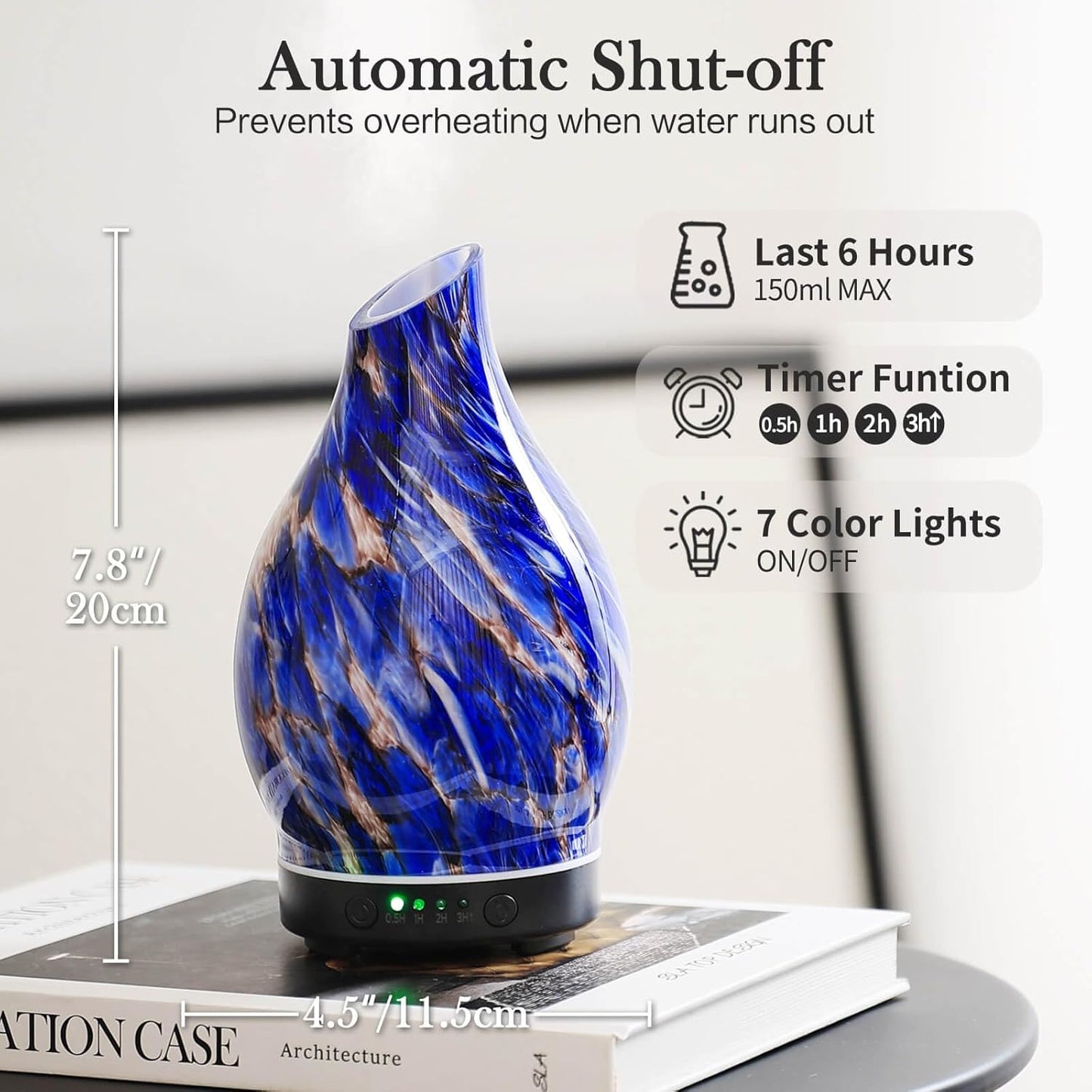Porseme 150ml Essential Oil Diffuser Glass Color Changing Aroma Air Diffusers Aromatherapy Ultrasonic Cool Mist Humidifier 6 Running Hours Waterless Auto-Off for Sleeping Yoga Office Spa (Mini Blue)