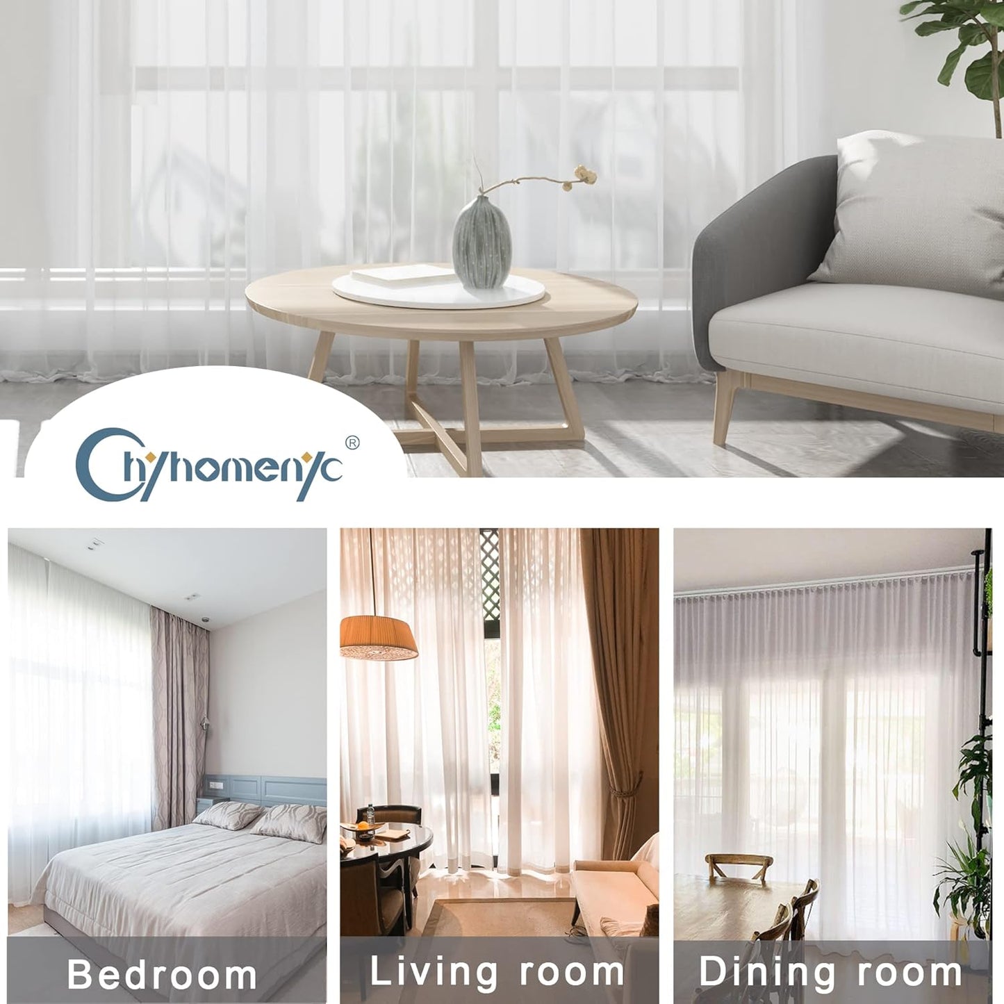 Chyhomenyc White Sheer Curtains 96 inches Long 2 Panels Set, Light Filtering Airy Solid Voile Window Treatment Drapes for Bedroom Living Room, Each 42Wx96L, 8FT Long, Set of 2, White