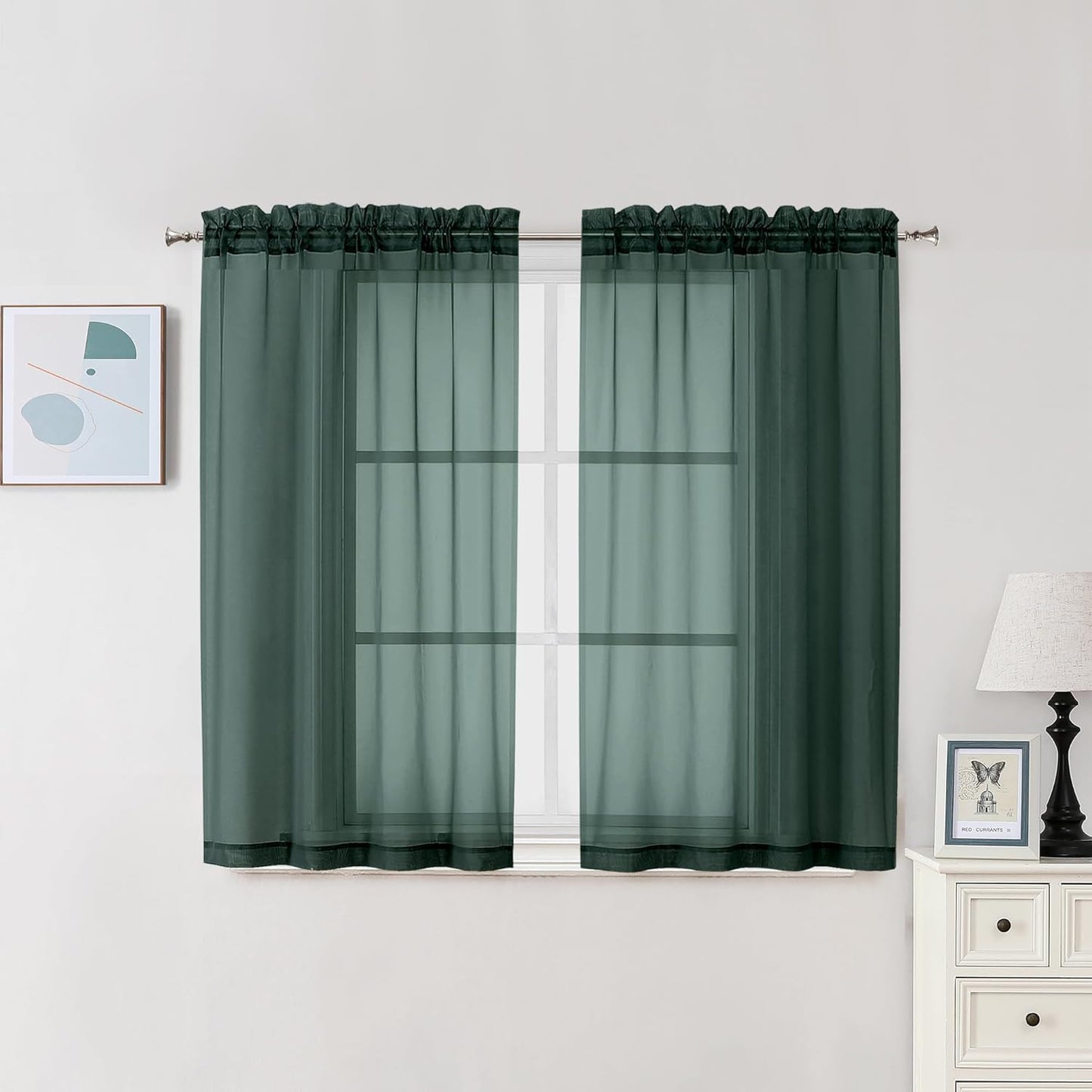 Chyhomenyc Hunter Green Sheer Curtains 45 Inch Long 2 Panels, Short Voile Drapes for Dinning Small Windows Bathroom Living Room Bedroom, Rod Pocket, 42Wx45L Inches