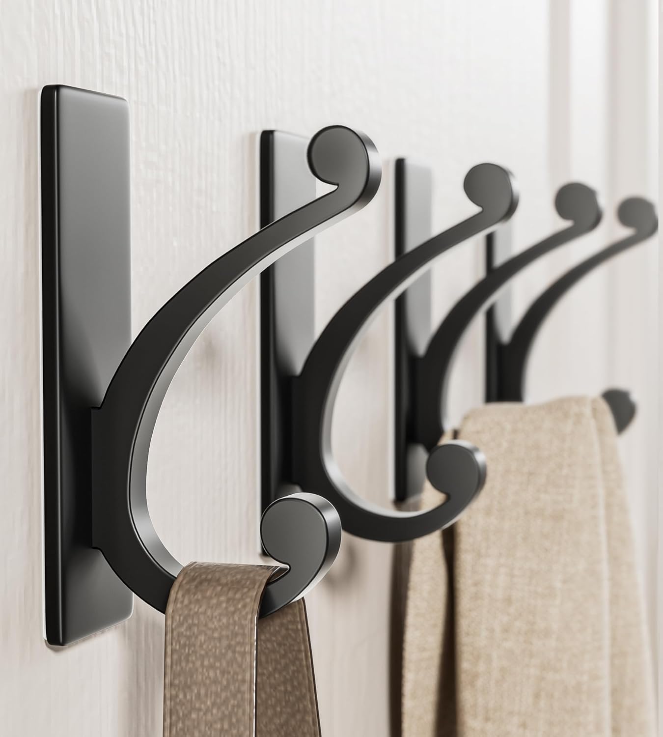Adhesive Wall Hook for Towel/Coat - Extra Sticky 10LB Stainless, Stick on Hanger for Bath or Shower, Matt Black 4-Pack