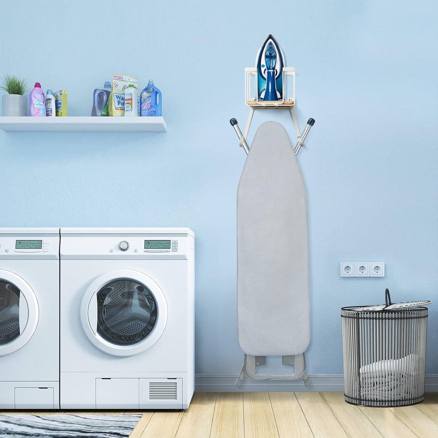 TJ.MOREE Over The Door/Wall Mount Ironing Board Hanger, Laundry Room Iron and Ironing Board Storage Holder, White