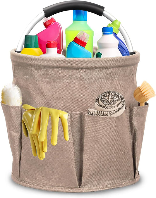 Qivine 17L Cleaning Caddy with Handle, Cleaning Supply Caddy Foldable Cleaning Caddy Cleaning Products Organizers Portable Cleaning Bucket Organiser for Storing Towels (Khaki)