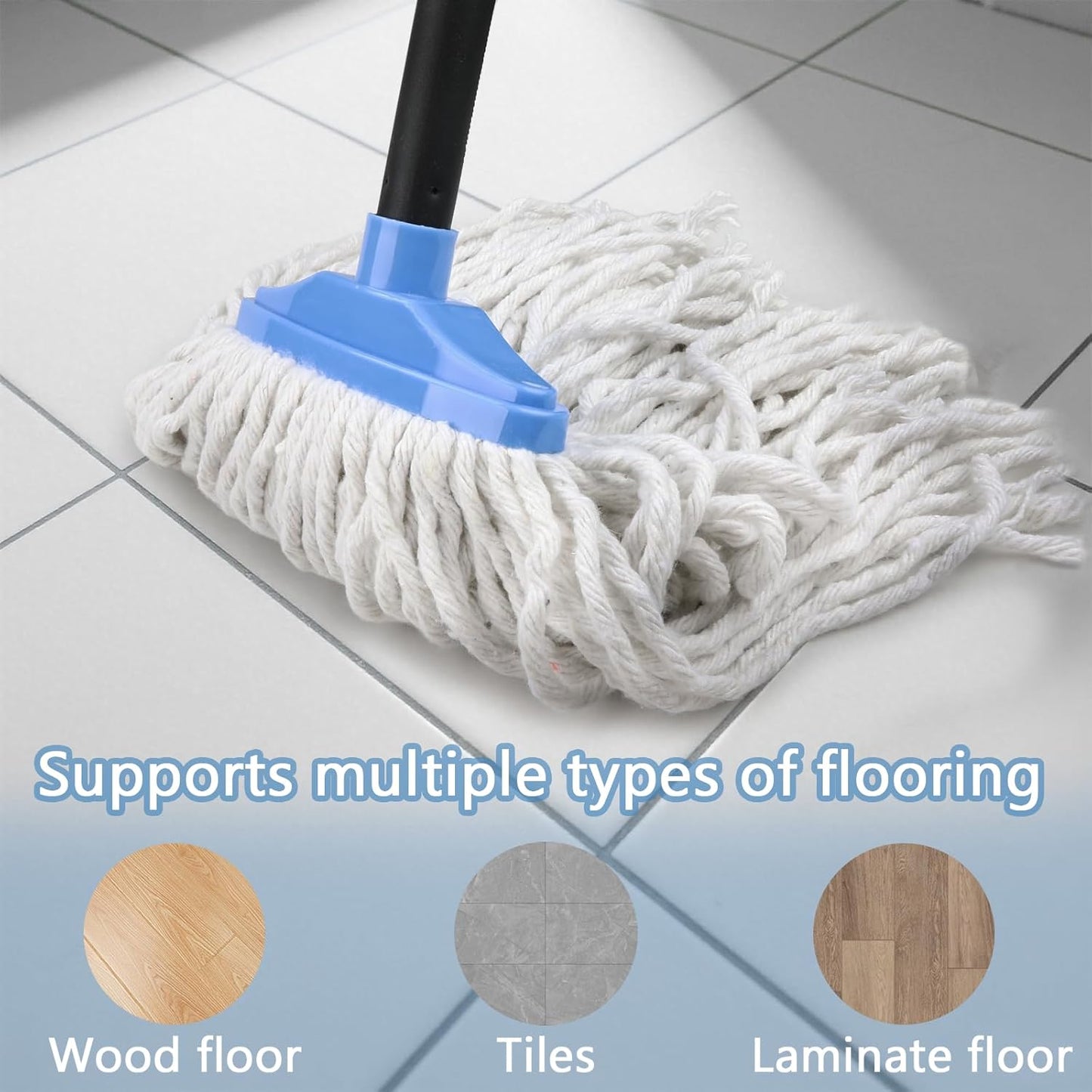 Indoor Cotton Mops for Floor Cleaning - Indoor Cleaning Mop for Wood Floors, Tile, Hardwood Floor, 52" Adjustable Iron Handle Regular Mops to Clean Living Room, Kitchen, and Bathroom. (Blue White