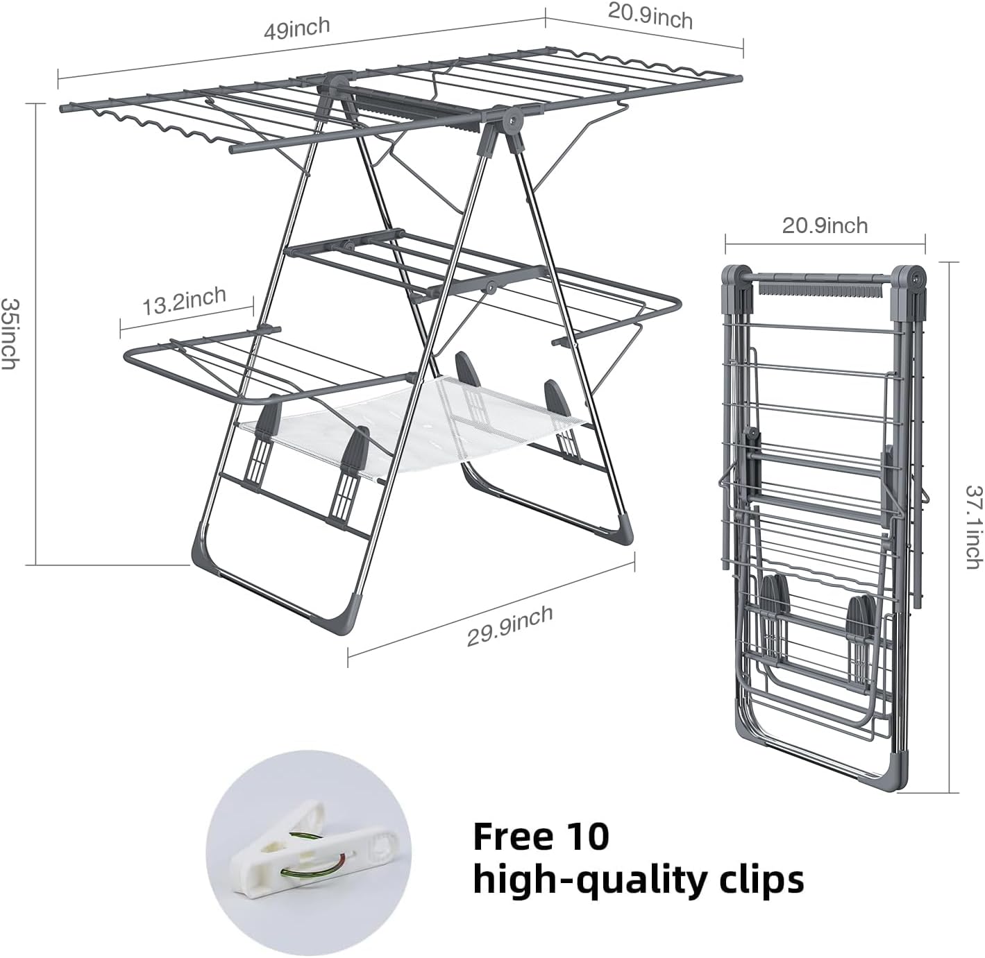 Clothes Drying Rack, Foldable 2-Level Laundry Racks for Drying Clothes Rack,Stainless Steel Drying Rack Clothing Collapsible for Indoor Outdoor,with Height-Adjustable Wings