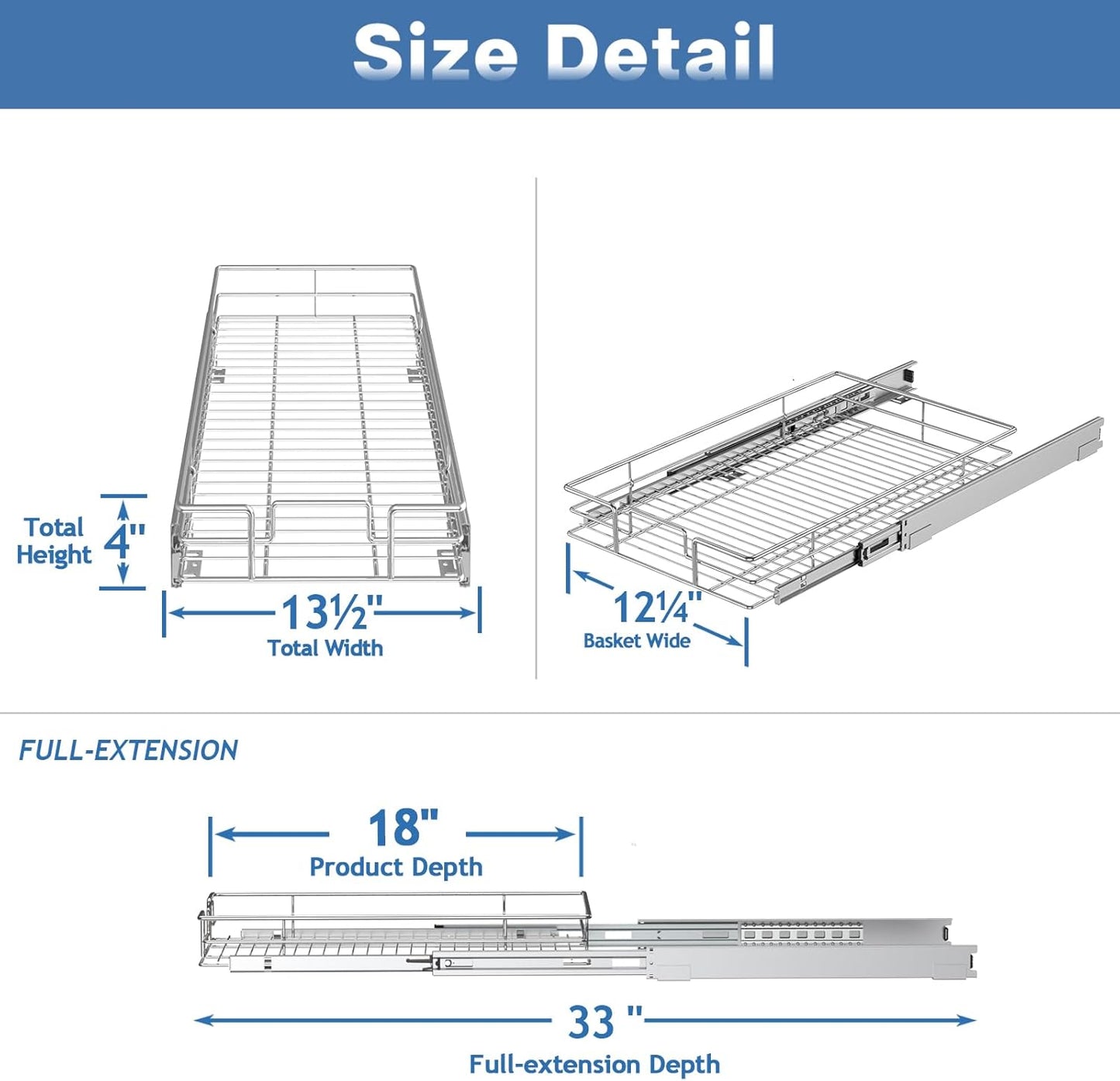 Pull Out Cabinet Organizer 13½" W x 18" D, Heavy Duty Cabinet Pull Out Shelves, Slide Out Drawers Organization for Kitchen Cabinets Bathroom