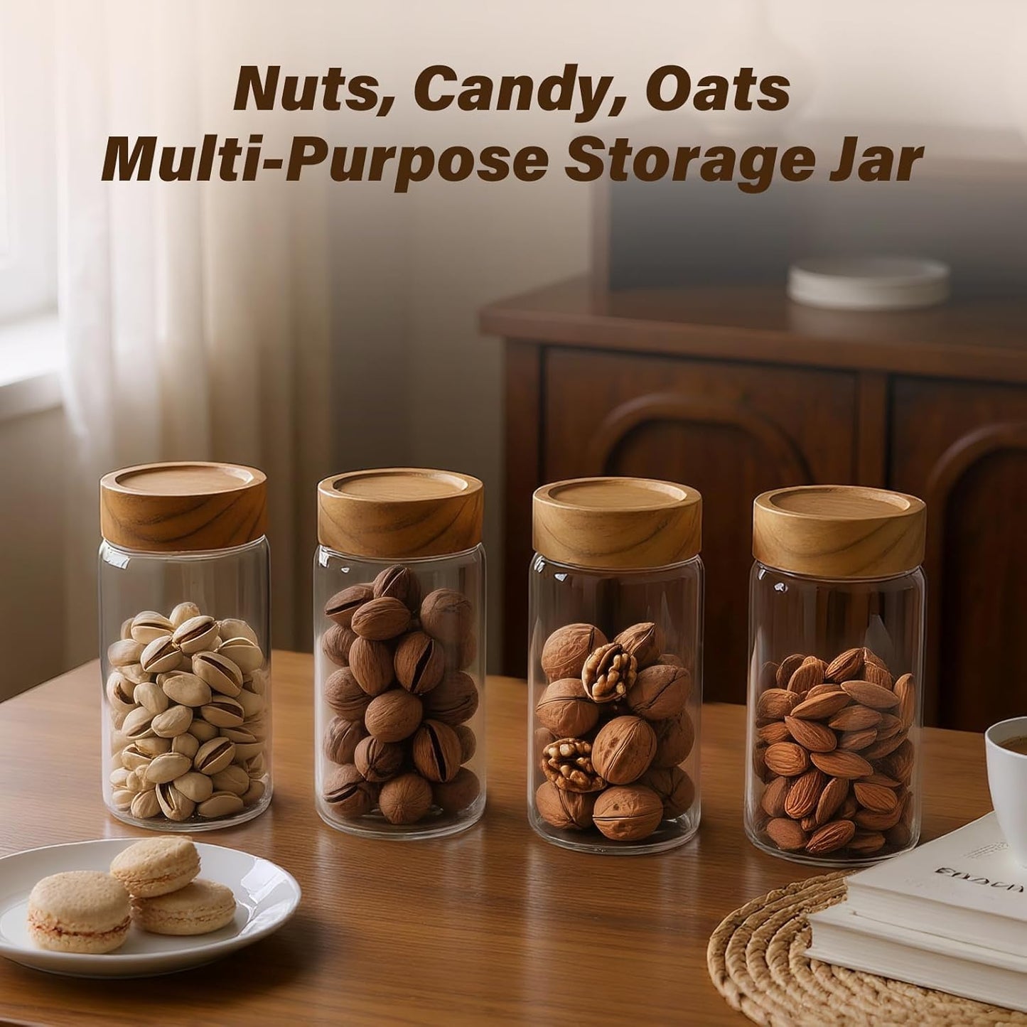 6 -Piece 13 oz Food-Grade Glass Mason Jars with Acacia Wood Lids, Sealable Waterproof, Transparent Easily Stackable for Overnight Oats, Spice Storage & Snack Organizing