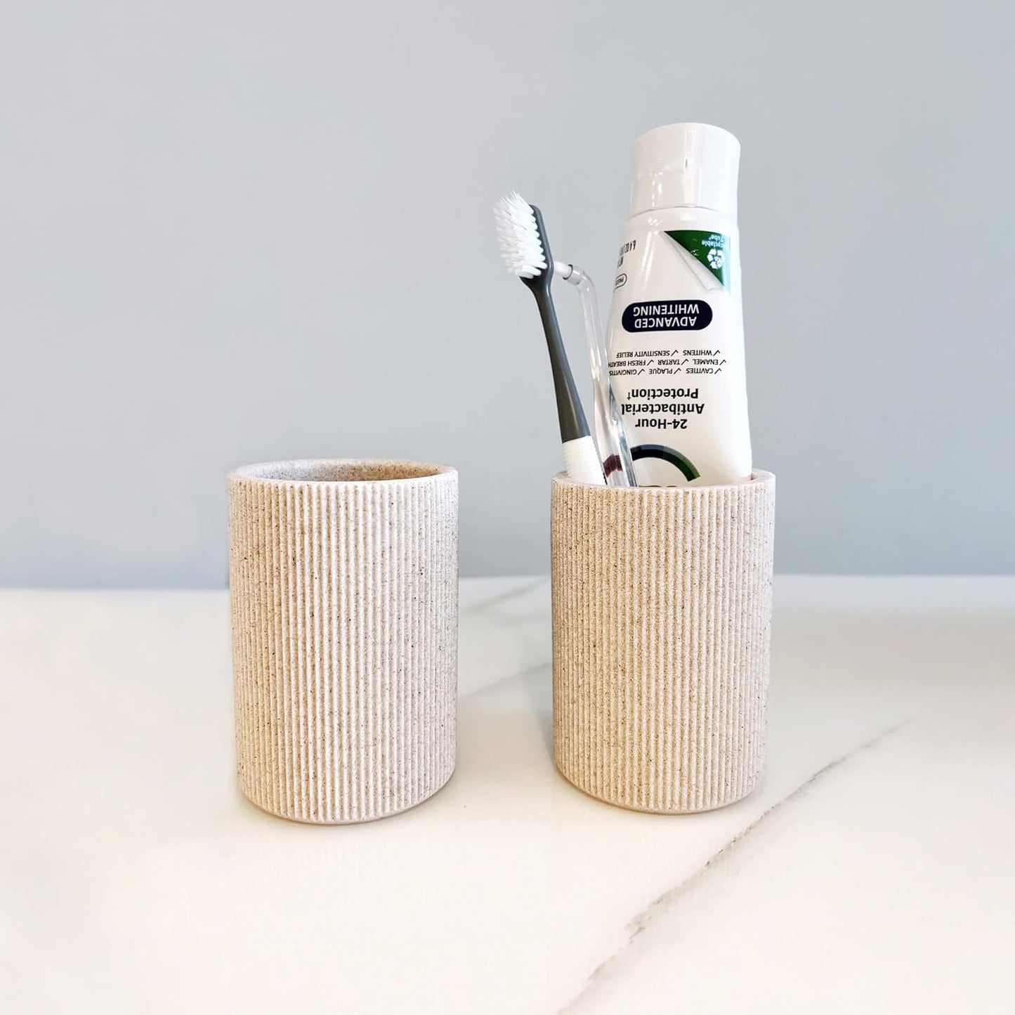 Small Sand Beige Toothbrush Holder for Bathroom Countertop, Modern Boho Farmhouse Style, Multi-Purpose Organizer, Rust-Proof Unbreakable Resin Cup