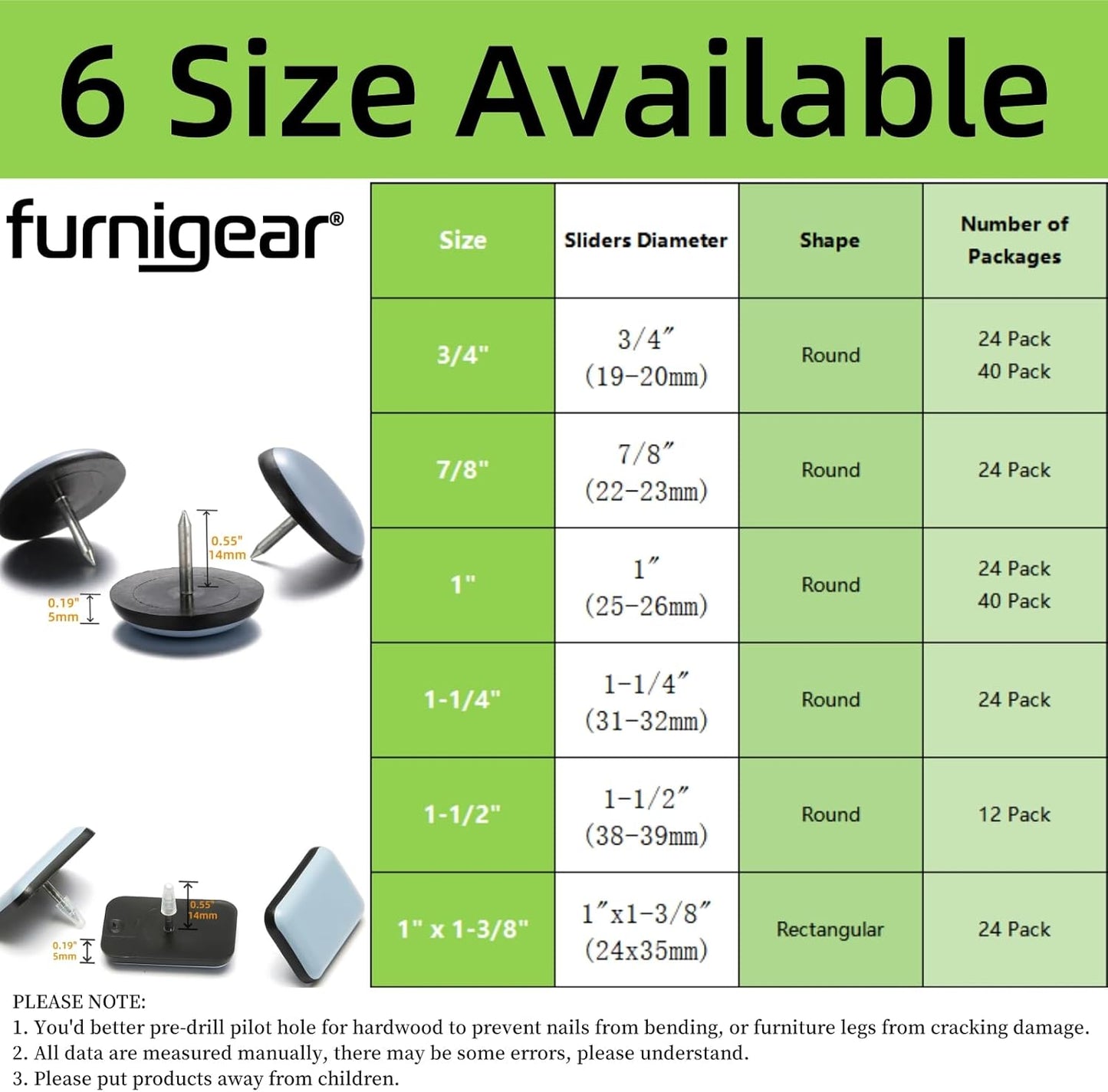 Furniture Sliders-Furnigear (Teflon) Nail in Chair Glides for Carpet - Move Your Furniture Easily & Safely - Best Floor Protector (7/8"-24 Pack, not for Wood Floors)