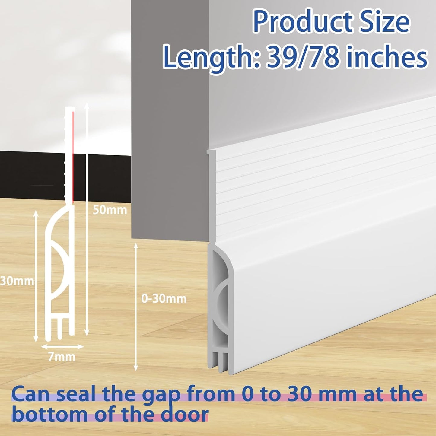 Under Door Draft Stopper, Self-Adhesive Door Sweep for Bottom of Door, Weather Stripping Doors Seal Soundproofing Insulation Strip, Doors Bottom Gap Blocker for Exterior/Interior (2M, White)