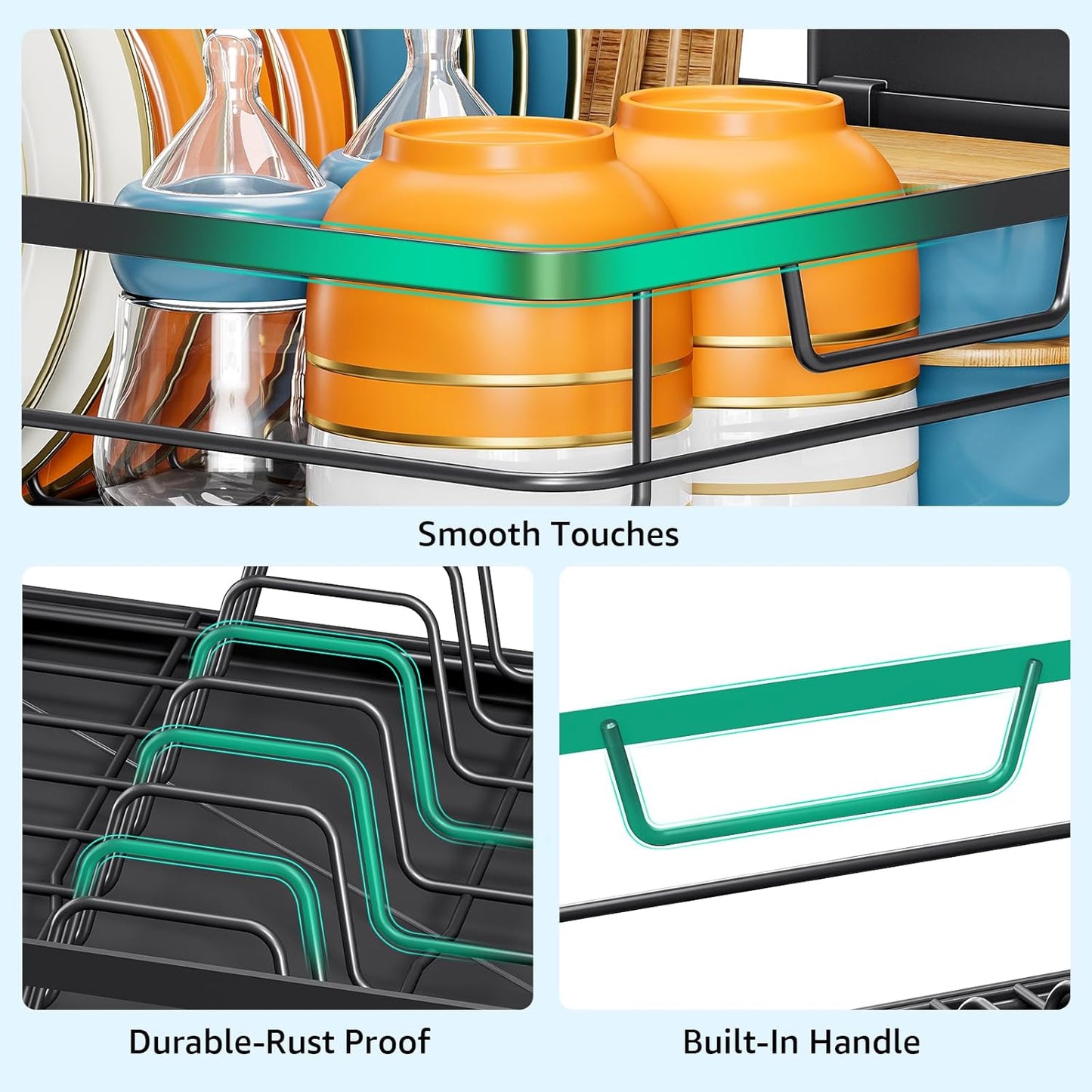 Dish Drying Rack for Kitchen Counter, Space-Saving Dish Rack, Multifunctional Dish Drainer Rack, Sink Kitchen Dishes Strainer, Dryer Rack with Drain Board, and Cutlery Holder,Small Size Black