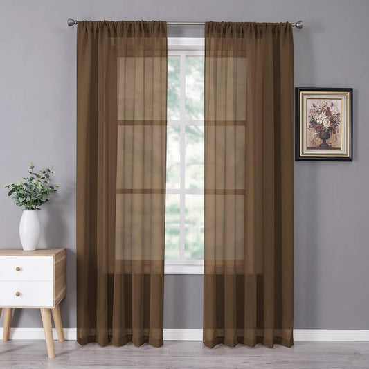 Tollpiz Sheer Curtain Linen Textured Bedroom Curtains Sheer Light Filtering Rod Pocket Voile Curtain for Living Room, 54 x 95 inches Long, Brown, Set of 2 Panels