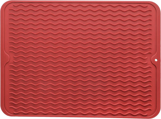 Silicone Dish Drying Mat for Multiple Usage,Easy clean,Eco-friendly,Heat-resistant Silicone Mat for Kitchen Counter or Sink,Refrigerator or drawer liner Red L 16 inches x 12 inches