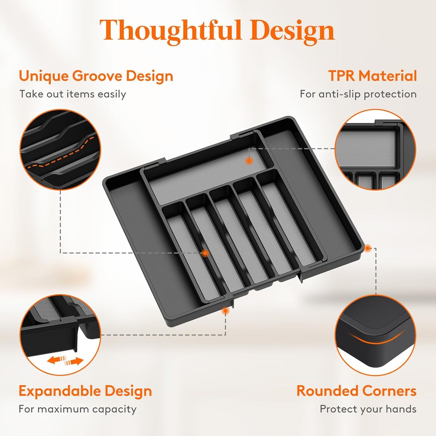 Lifewit Silverware Drawer Organizer, Expandable Utensil Tray with Non-Slip TPR, Deep Flatware Cutlery Holder, Adjustable Plastic Kitchen Storage for Spoons Forks Knives, Large, Black and Gray