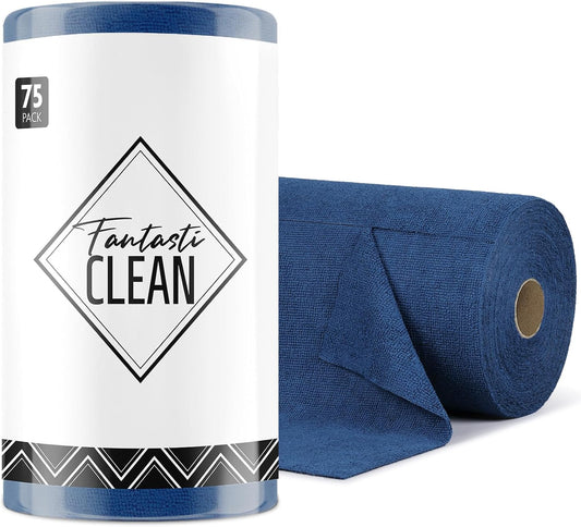 Fantasticlean Microfiber Cleaning Cloth Roll -75 Pack, Tear Away Microfiber Towels, 12" x 12", Reusable, Washable, Scratch Free, Ultra Absorbent Dish Rags for Car, Home, Garage or Shop (Navy Blue)