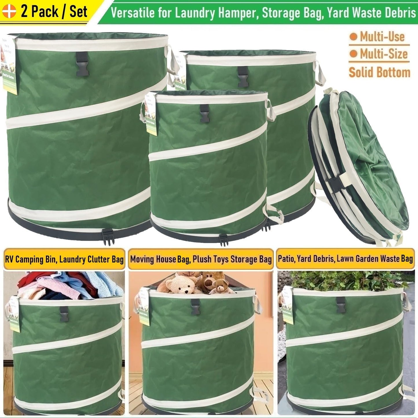 2-Pack 32 Gallon Collapsible Trash Can (19x25 in) Solid Bottom for Yard Waste Bag,Yard Debris Bag,Pop-Up Trash Can,Recycling Bin,Camping Waste Bin,Laundry Hamper,Lawn Grass,Garden Weeds Bags,Leaf Bags