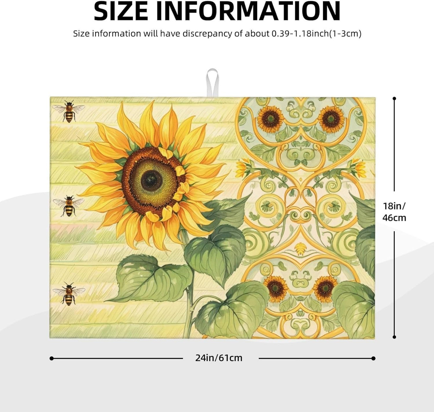 Sunflower Bee Dish Drying Mat Highly Absorbent Double-Sided Microfiber with Hanging Loop Reversible Drain Dish Rack Mat Drain Mat Suitable for Kitchen Countertop Coffee Bar 18 x 24 Inch