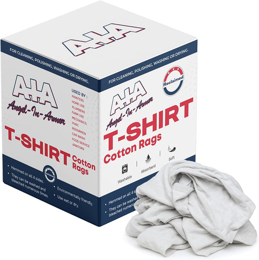 Angel-in-Armor White T-Shirt Rags – 5lb Box of Recycled Cotton Knit Shop Rags – Low Lint Cleaning Cloths for Mechanics, Oil Changes, Industrial and Commercial Use