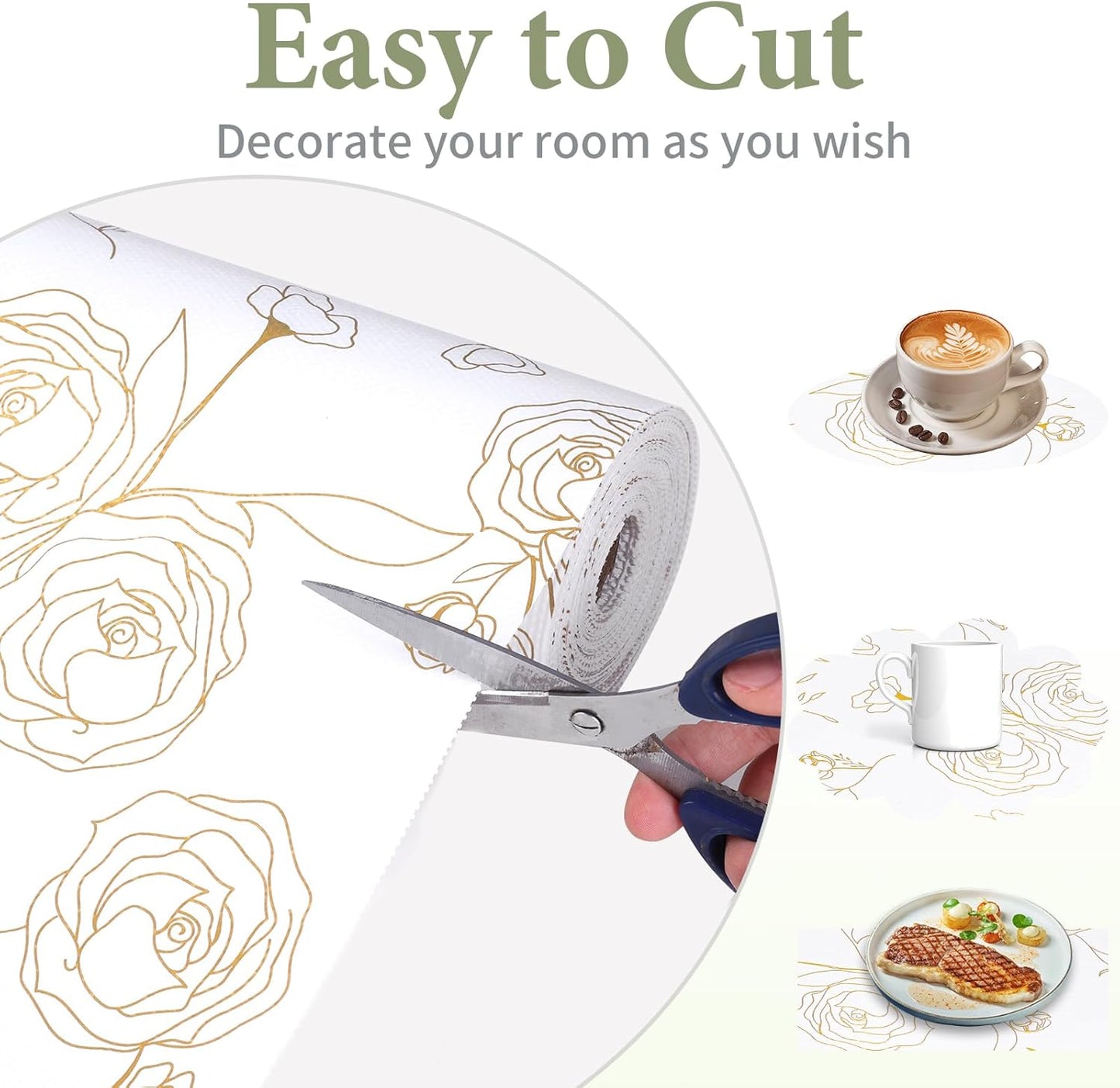 Shelf Liners for Kitchen Cabinets 12in x 20FT Non Adhesive Drawer Liner Gold Floral Thickened Shelf Liner Paper Strong Non-Slip Easy to Clean for Tool Box Refrigerator with Knife and Tape Measure