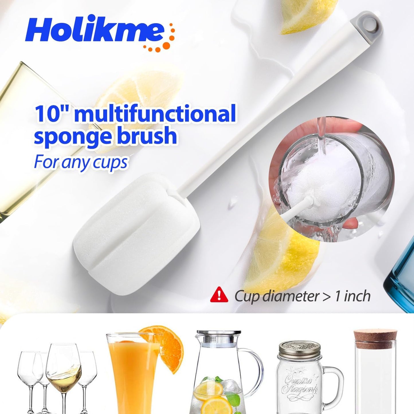 Holikme Bottle Brush Tube Cleaning Lab Set with Long Handle, Cup Cleaner for Washing Narrow Neck Beer Wine Decanter Pipes Lids Sinks Cap Covers, White