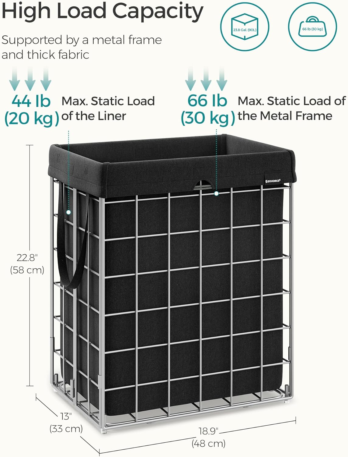 SONGMICS Laundry Hamper, 23.8 Gal. (90L) Laundry Basket, Collapsible Clothes Hamper, Removable and Washable Liner, Metal Wire Frame, for Bedroom Bathroom, Silver and Classic Black ULCB190B01