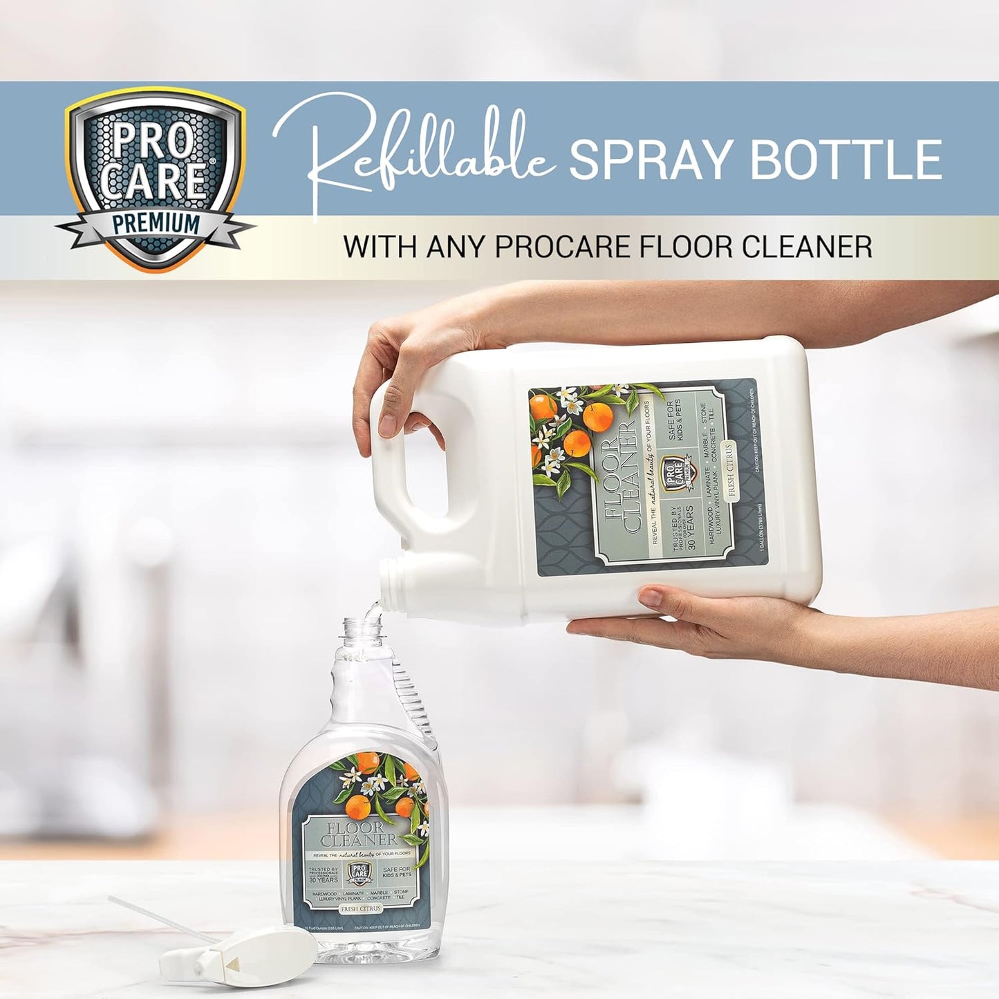 ProCare Citrus Floor Cleaner (Made in USA) | Tile, Stone, Laminate, Vinyl & Natural Wood Floor Cleaner for Mopping, Floor Cleaning Solution with Citrus Aroma - 32oz / 0.95L Spray Bottle