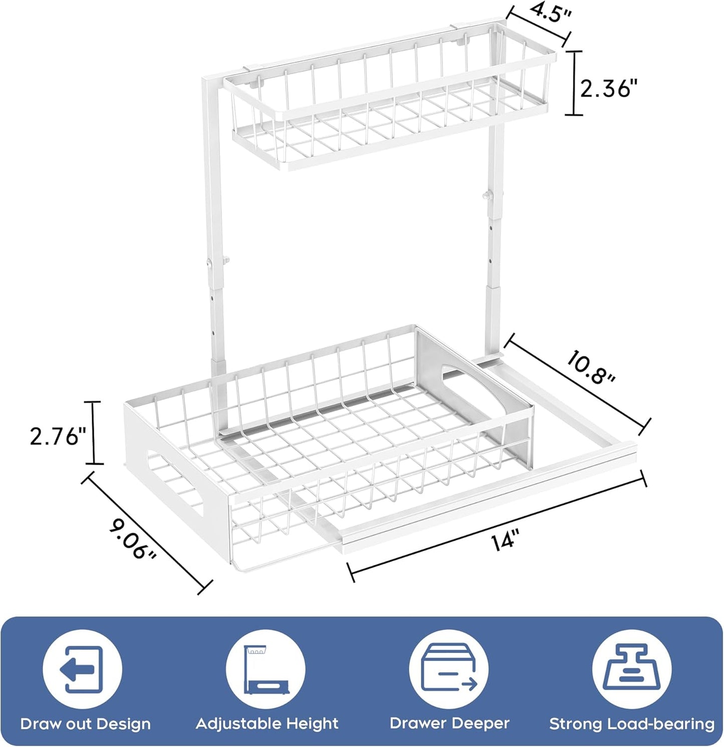 Under Sink Organizer, 2 Pack Height Adjustable Cabinet Organizer with Slide Out Drawer, Pull Out Under Sink Storage, Multi-Purpose 2 Tier Sink Shelves for Kitchen Bathroom Pantry (White, 2 Pack)