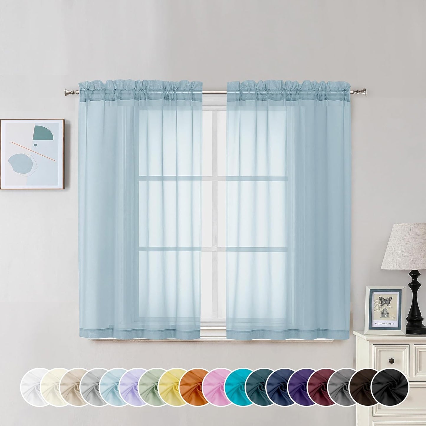 Chyhomenyc Sky Blue Sheer Curtains 45 Inch Long 2 Panels, Light Filtering Rod Pocket Voile Short Curtains Drapes for Living Room Bedroom Small Windows, 42Wx45L Inches