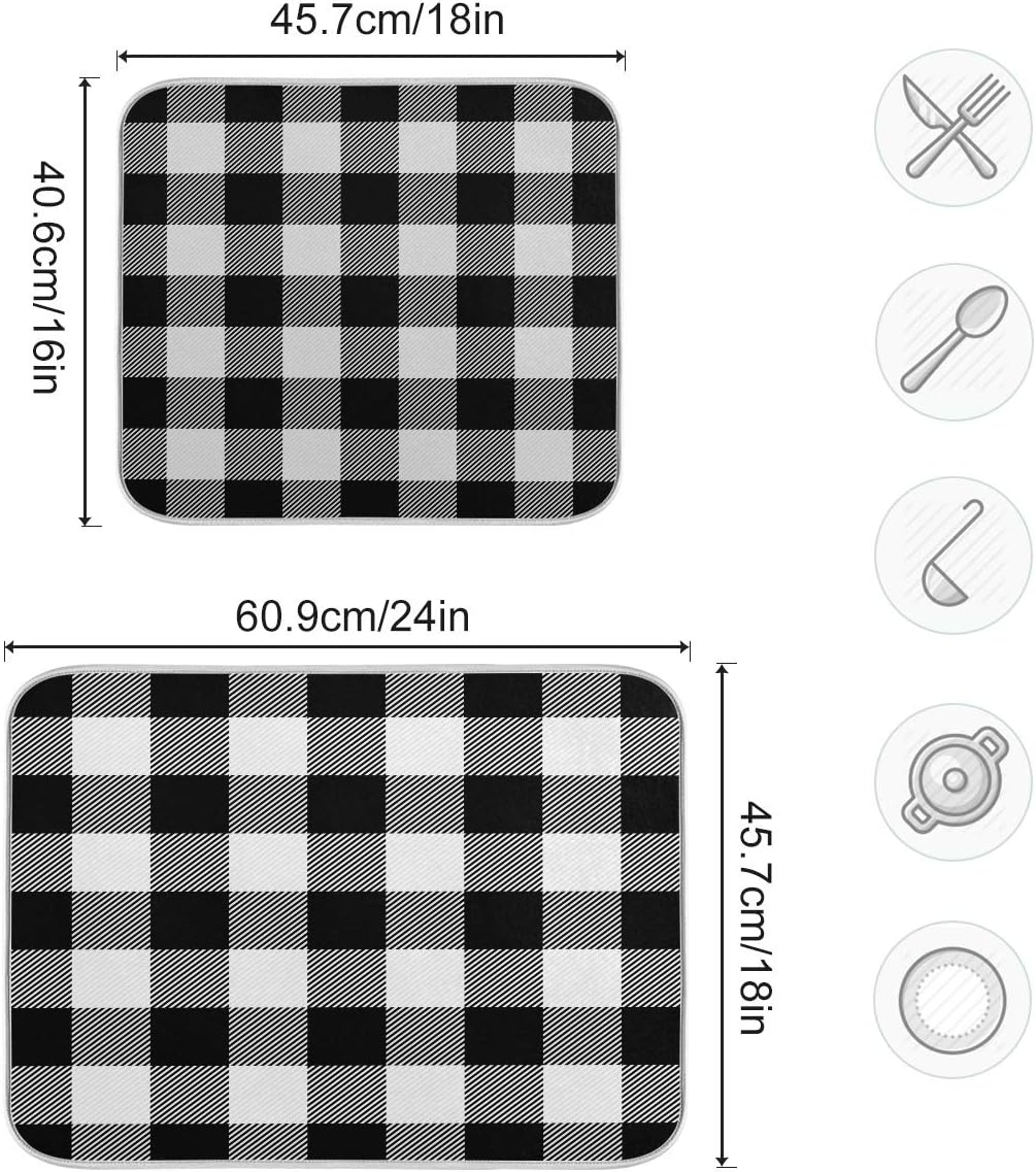 White and Black Buffalo Plaid Dish Drying Mat 18x24 for Kitchen Classic Buffalo Check Dishes Pad Dish Drainer Rack Mats Absorbent Fast Dry Kitchen Accessories