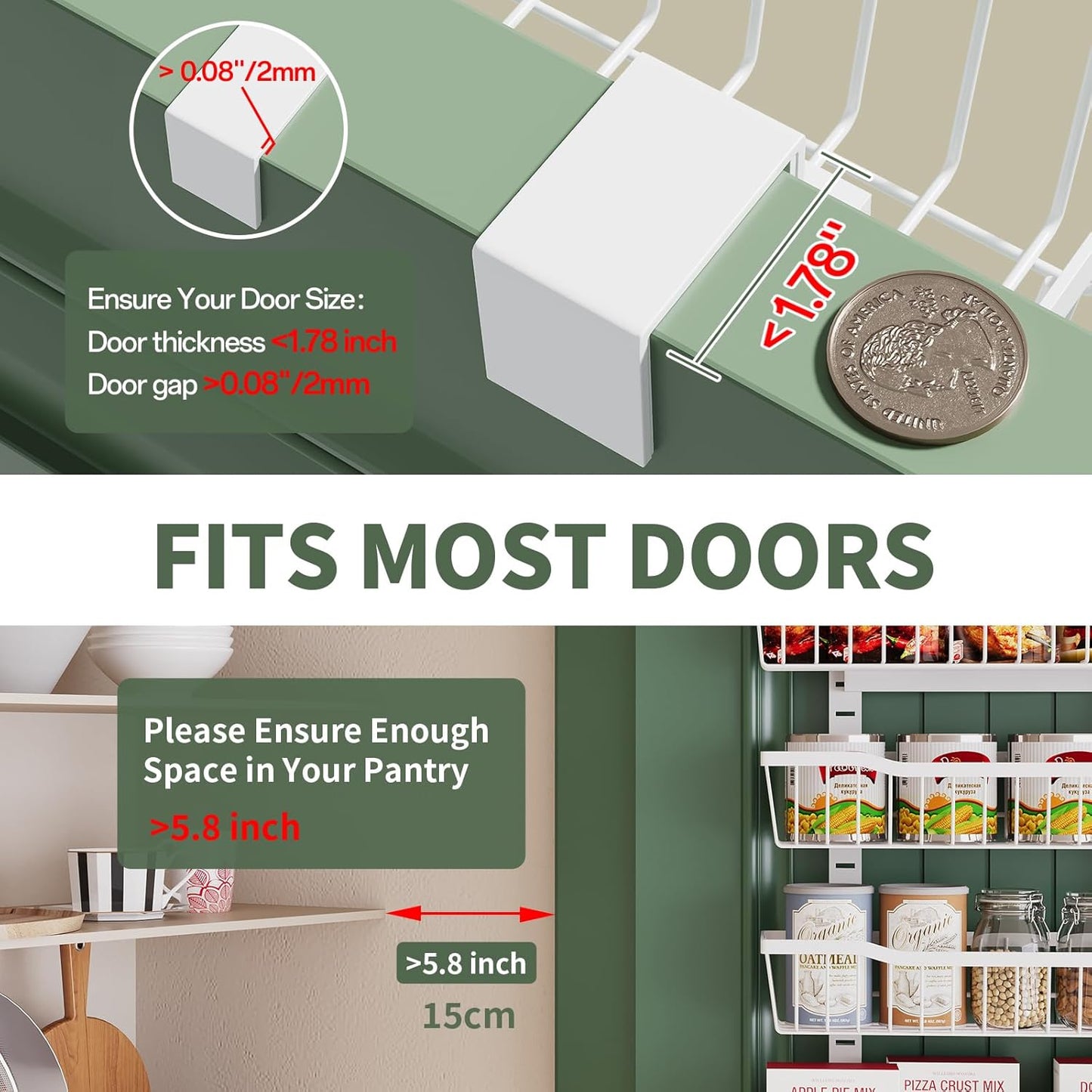 Over The Door Organizer，8-Tier Over The Door Pantry Organizer with Adjustable Baskets，Metal Hanging Pantry Organizers and Storage for Kitchen, Back of Door Seasoning Rack (White)