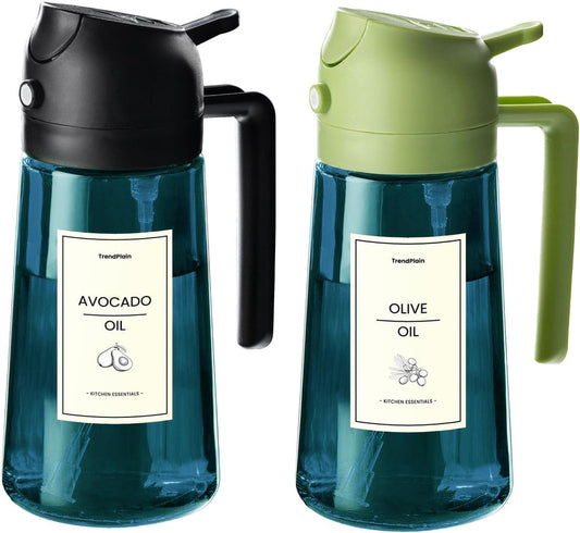 TrendPlain 16oz/470ml Blue Glass Olive Oil Sprayer for Cooking - 2 in 1 Olive Oil Dispenser for Kitchen Gadgets, Air Fryer, Salad, and BBQ - Black & Green