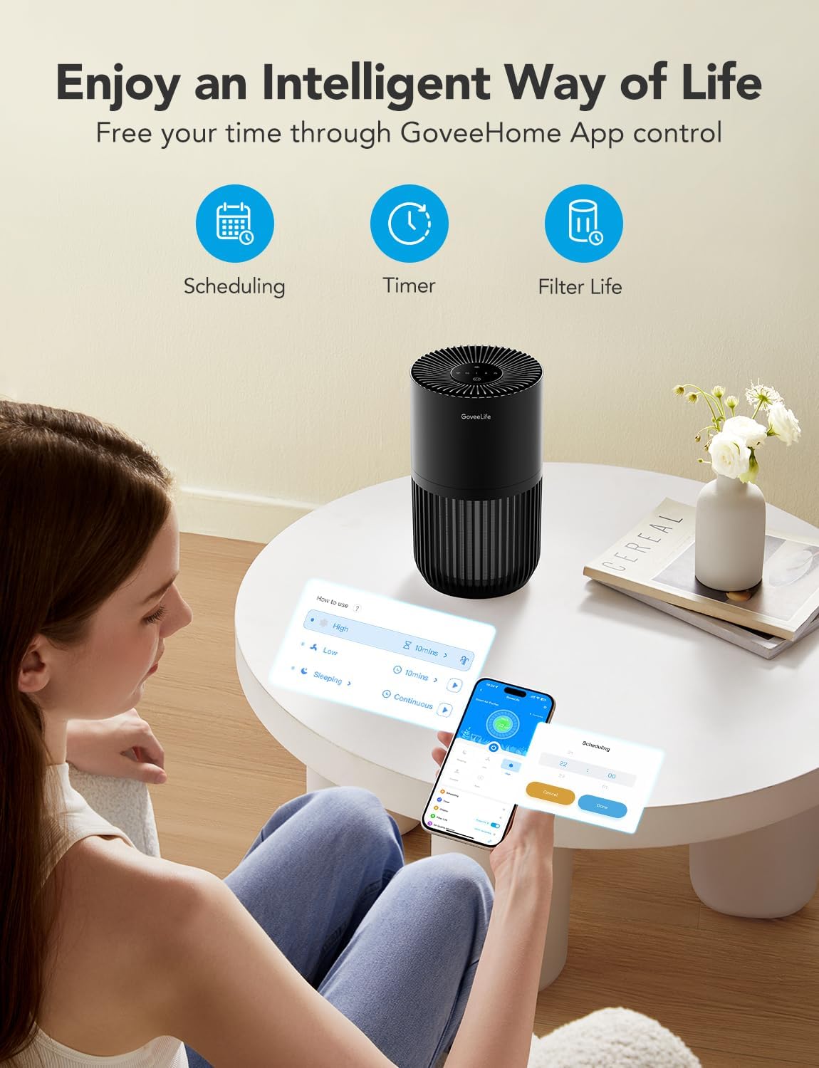 GoveeLife Mini Air Purifier for Bedroom, Smart Filter Air Purifier with App Alexa Control for Pet Hair, Odors, Pollen, Smoke, Portable Air Cleaner with 3 Speeds, 2 Modes, Timer, Aroma for Home