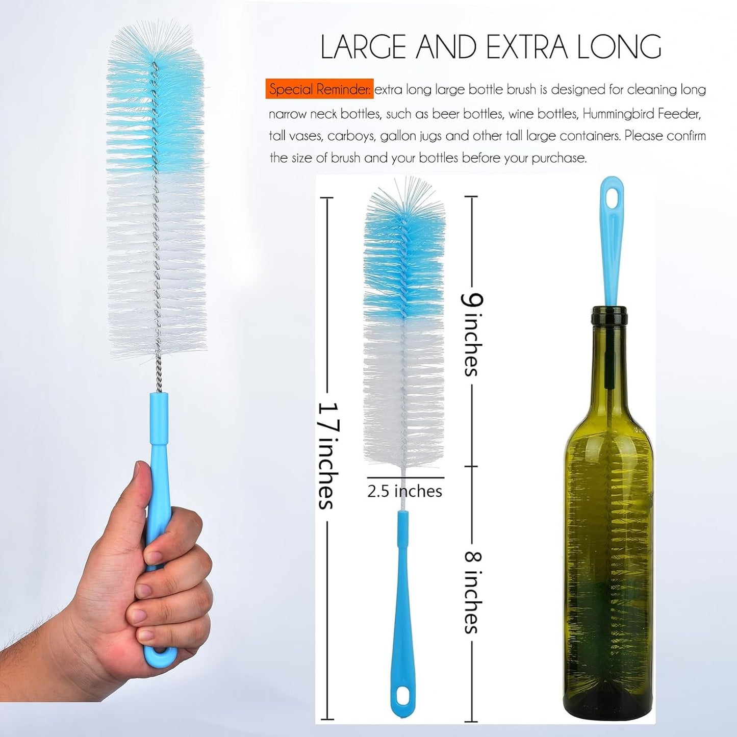 3-Pack Long Bottle Cleaning Brush for Narrow Neck Beer, Wine, Flask, Thermos, Sportwell, Pitcher, Brewing Bottle Cleaner, 16 Inches