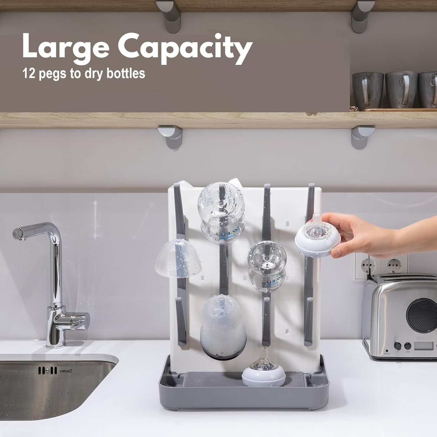 Space Saving Vertical Bottle Drying Rack, Large Countertop Baby Bottle Drying Rack Holder for Baby Bottles and Pump Parts, Gray