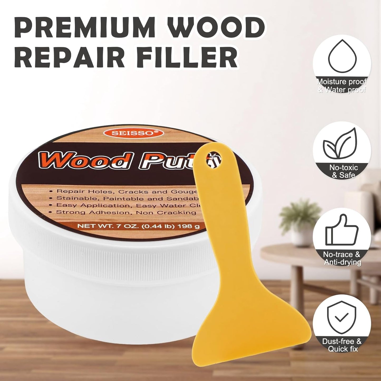 SEISSO Wood Putty, Black Wood Filler Paintable, Wood Putty Outdoor Waterproof, Wood Repair Putty Stainable, Wood Furniture Repair kit - Restore Wooden Table, Cabinet, Floors, Door