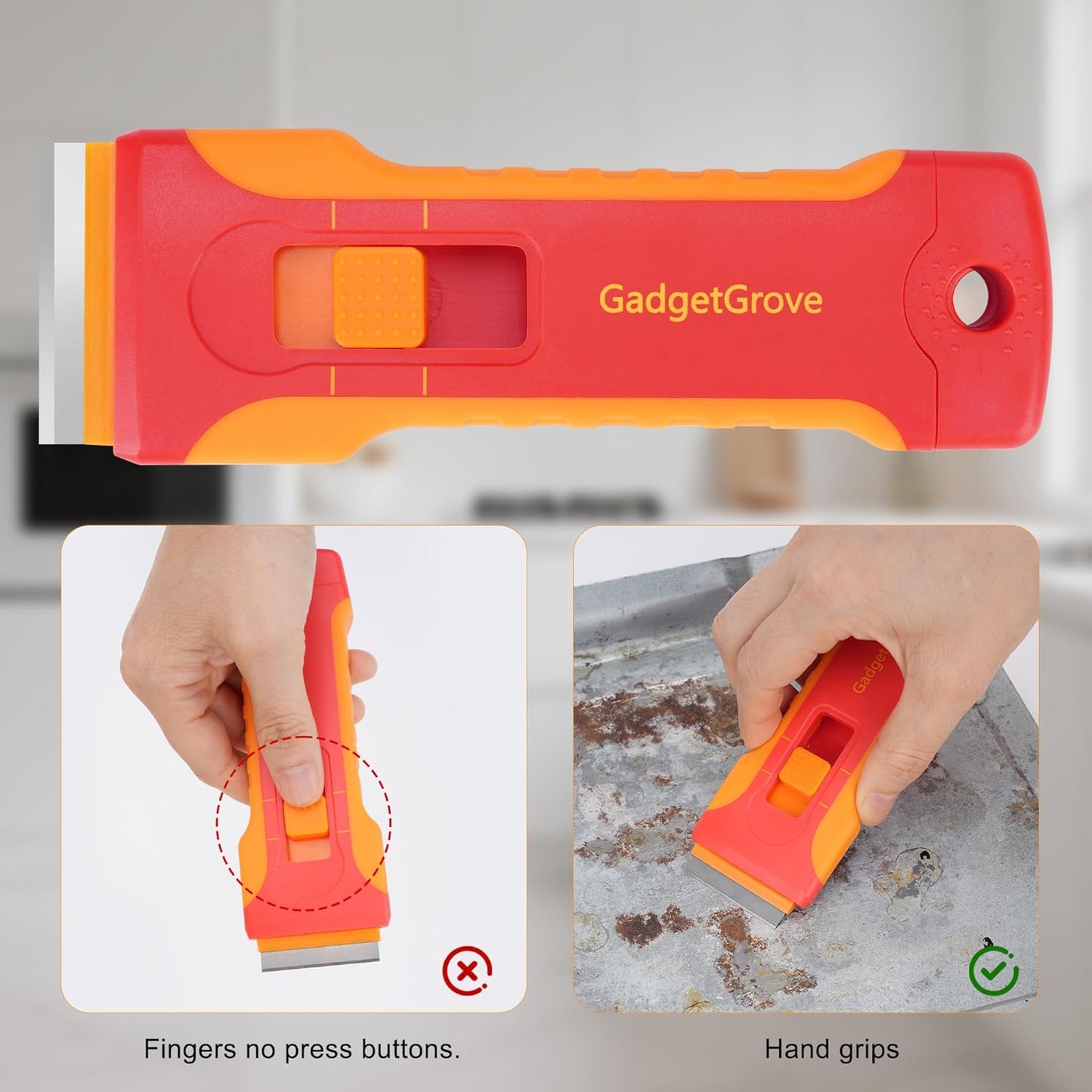 Upgraded Lock Mechanism Razor Blade Scraper with 10pcs Blades and 3Pcs small wire brushes,Scraper Tool for Clean Glass Window, Cooktop, Oven, Stove Scraper, Scraper with Buit-In Blade Storage, Orange