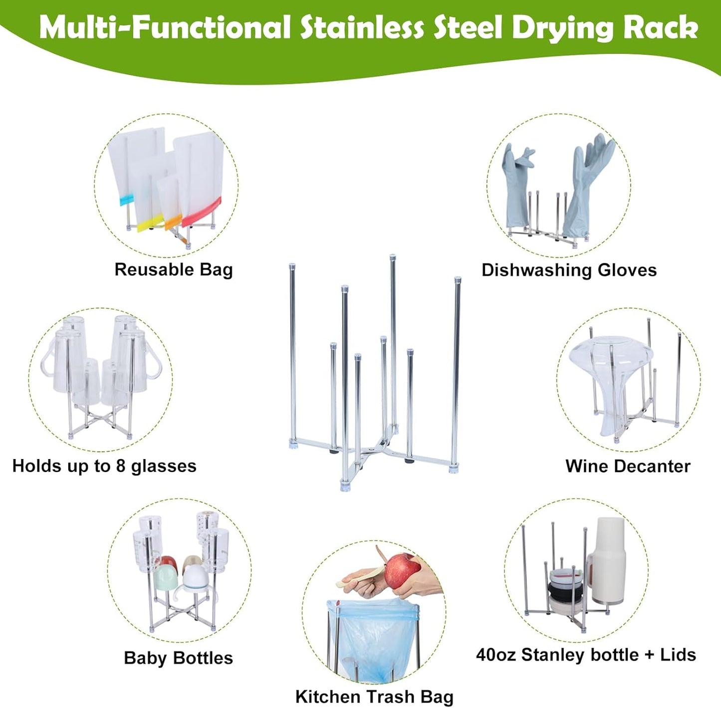 Plastic Bag Drying Holder, Bottle Drying Rack, Multifunctional Kitchen Grocery Bag Stand, Collapsible Cup Draining Rack for Wine Decanter, Mugs, Mason Jars, Water Bottle (10.63 Inches Height)