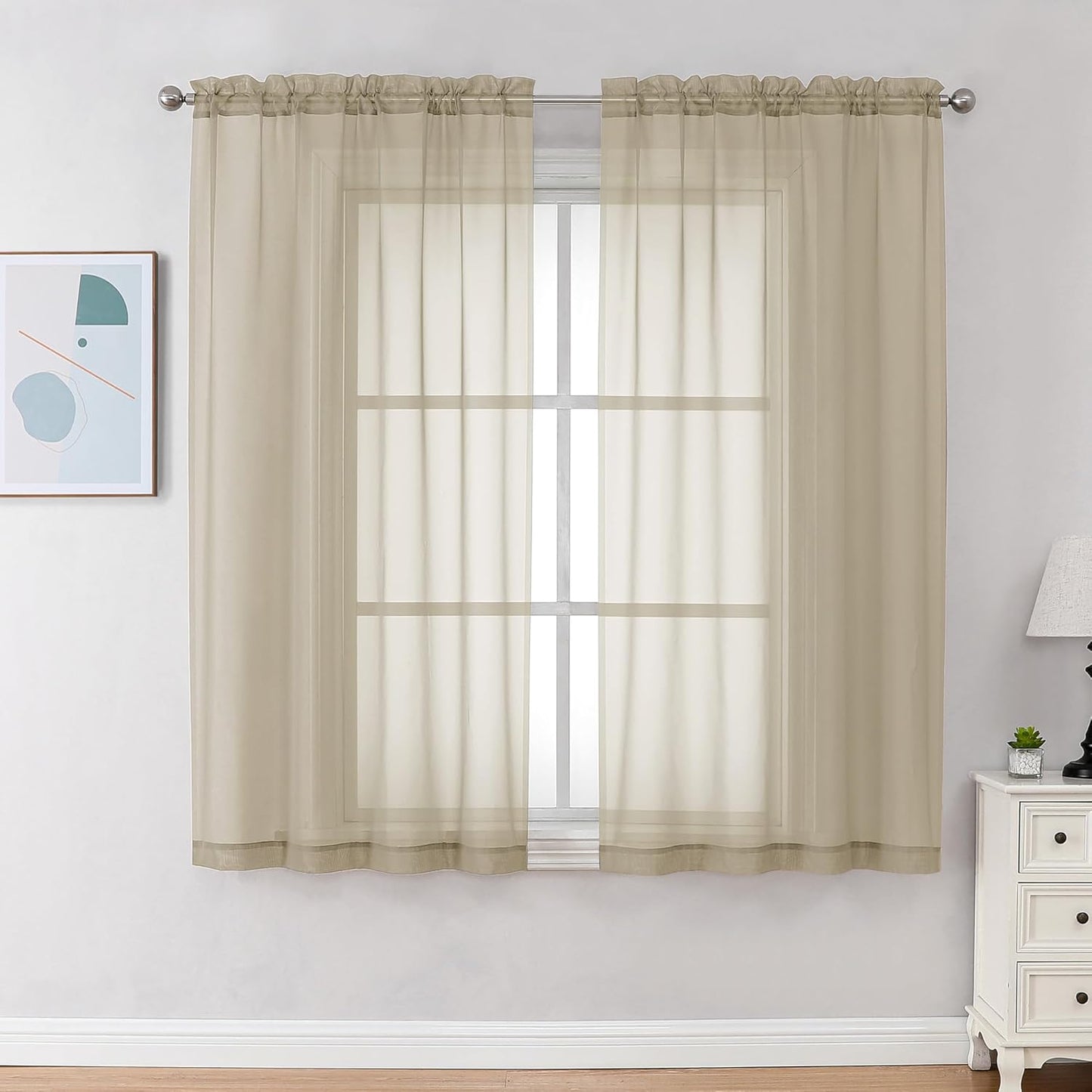 Chyhomenyc Taupe Sheer Curtains 45 Inch Long 2 Panels, Light Filtering Rod Pocket Voile Short Curtains Drapes for Living Room Bedroom Small Windows, 42Wx45L Inches